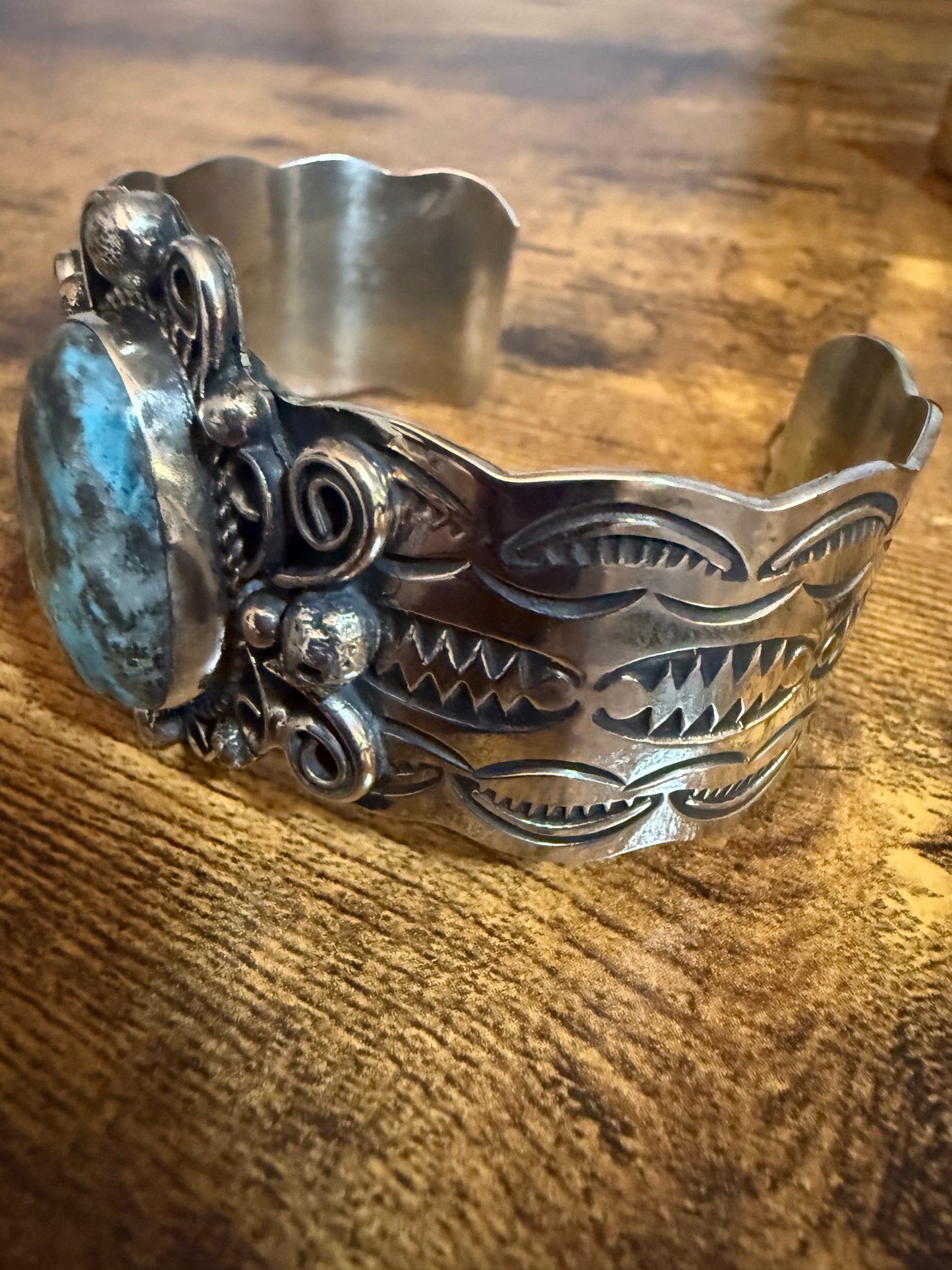 Native American Turquoise Cuff Bracelet Nickel Silver Signed Jackie Cleveland