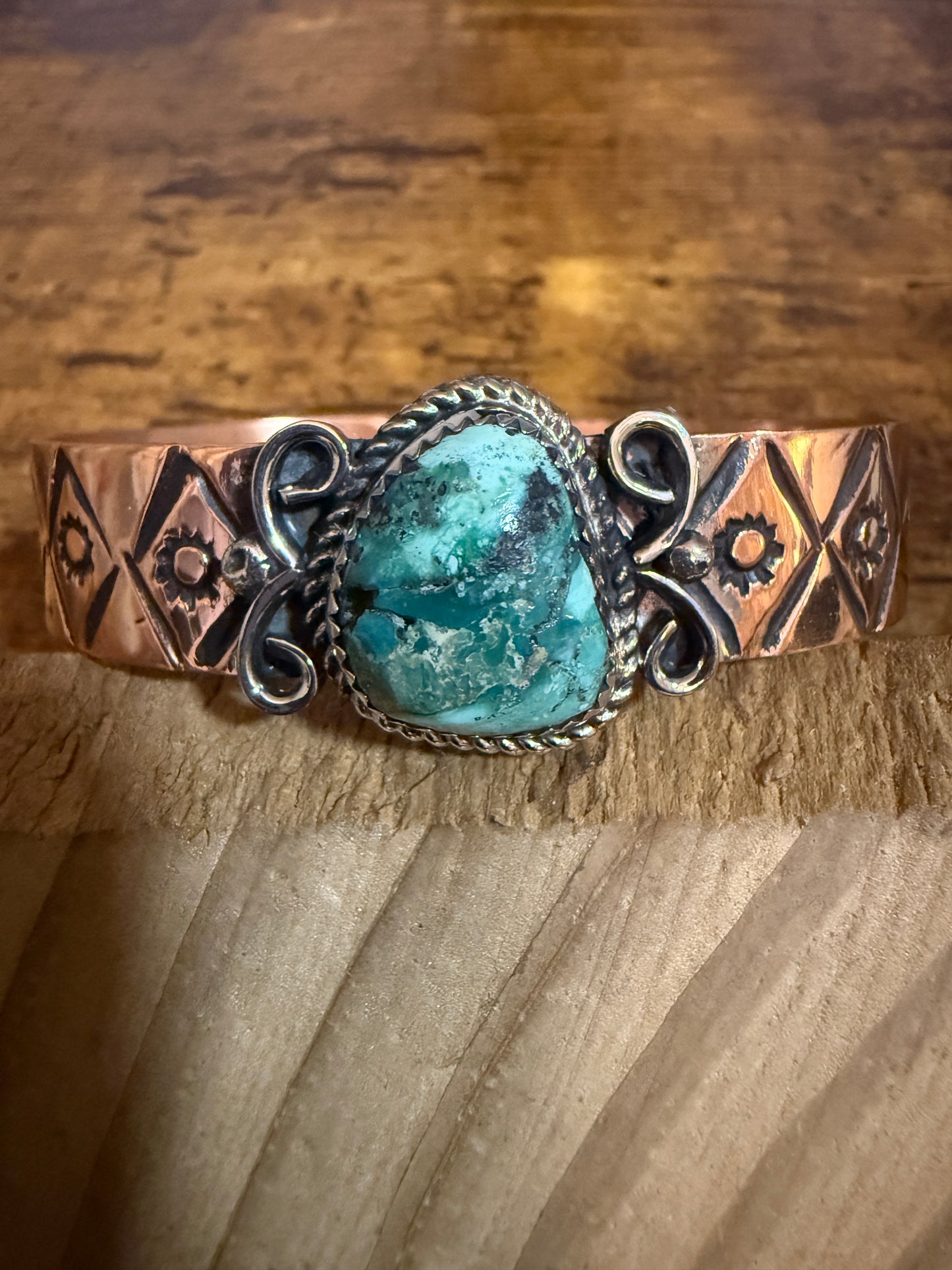 Navajo Copper And Turquoise Cuff Bracelet Signed By Jackie Cleveland