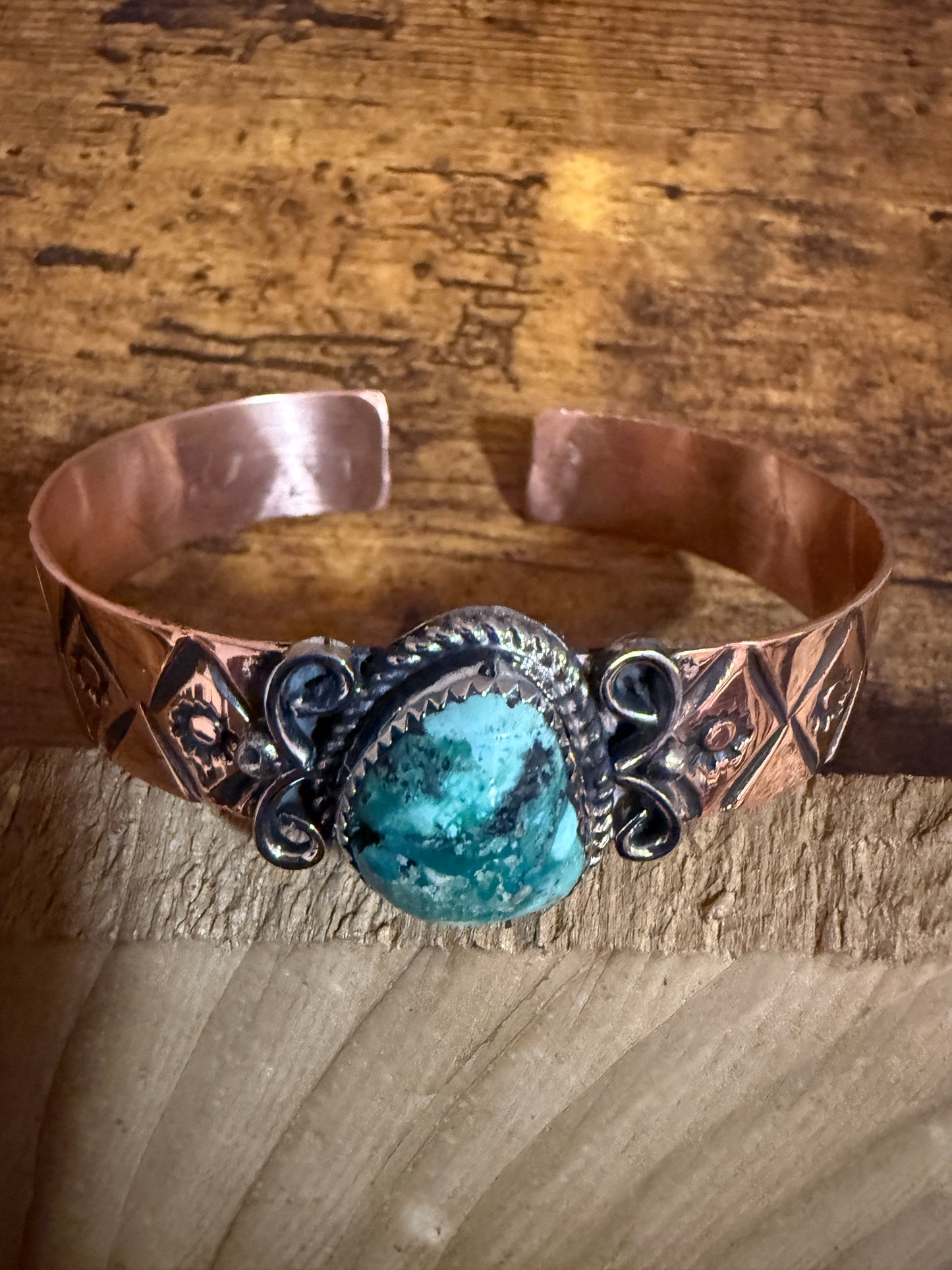 Navajo Copper And Turquoise Cuff Bracelet Signed By Jackie Cleveland