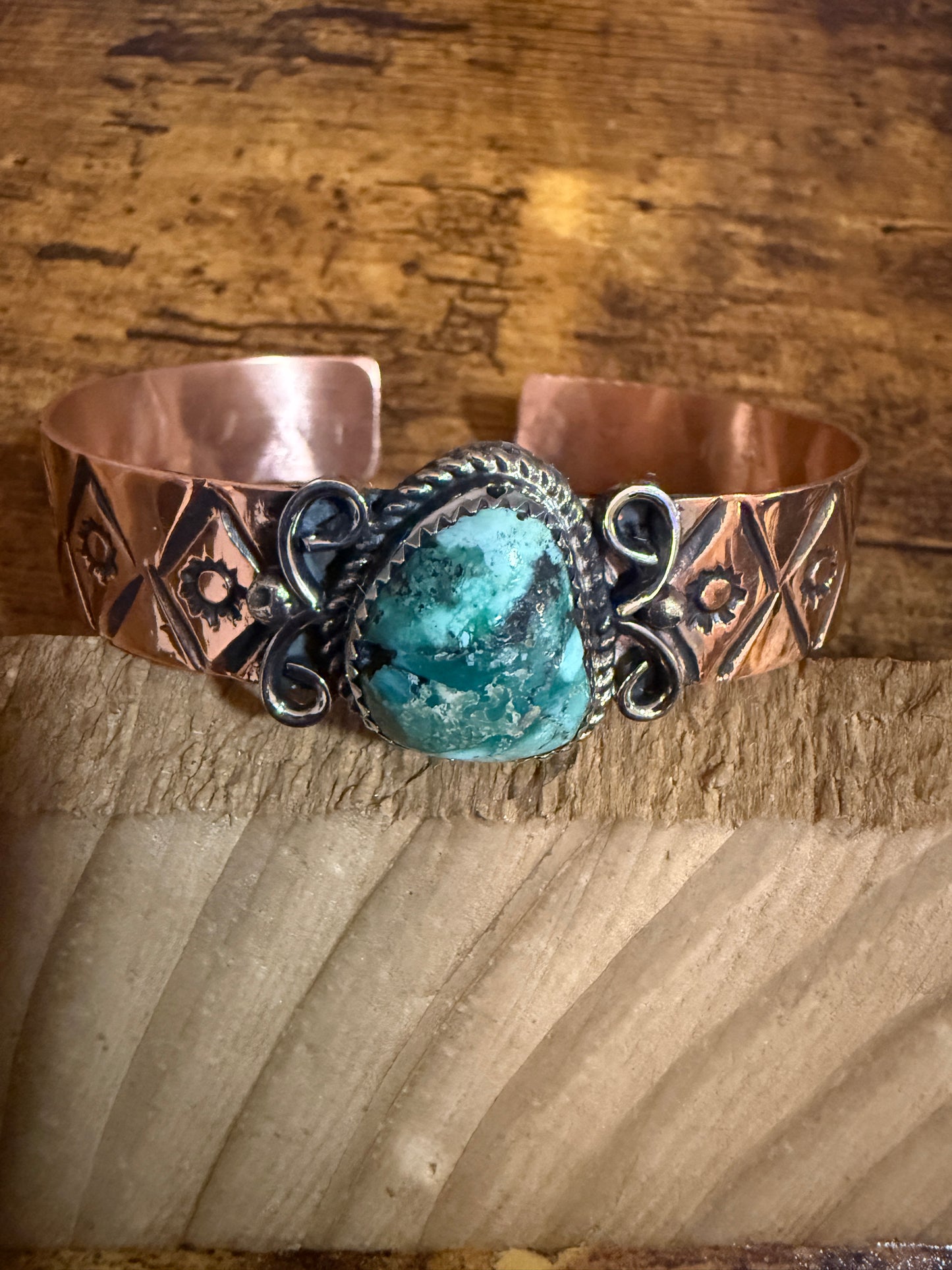 Navajo Copper And Turquoise Cuff Bracelet Signed By Jackie Cleveland