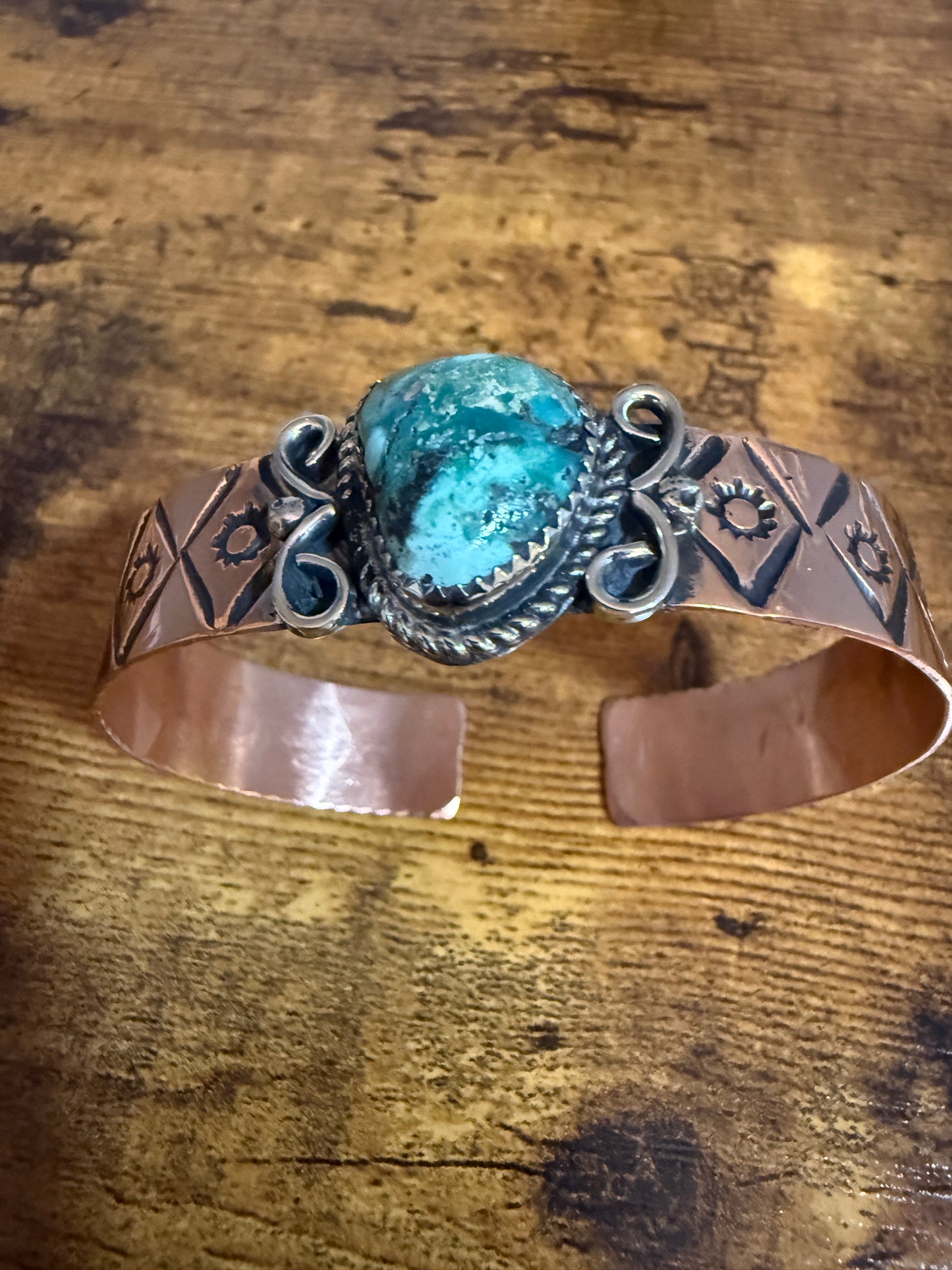 Navajo Copper And Turquoise Cuff Bracelet Signed By Jackie Cleveland