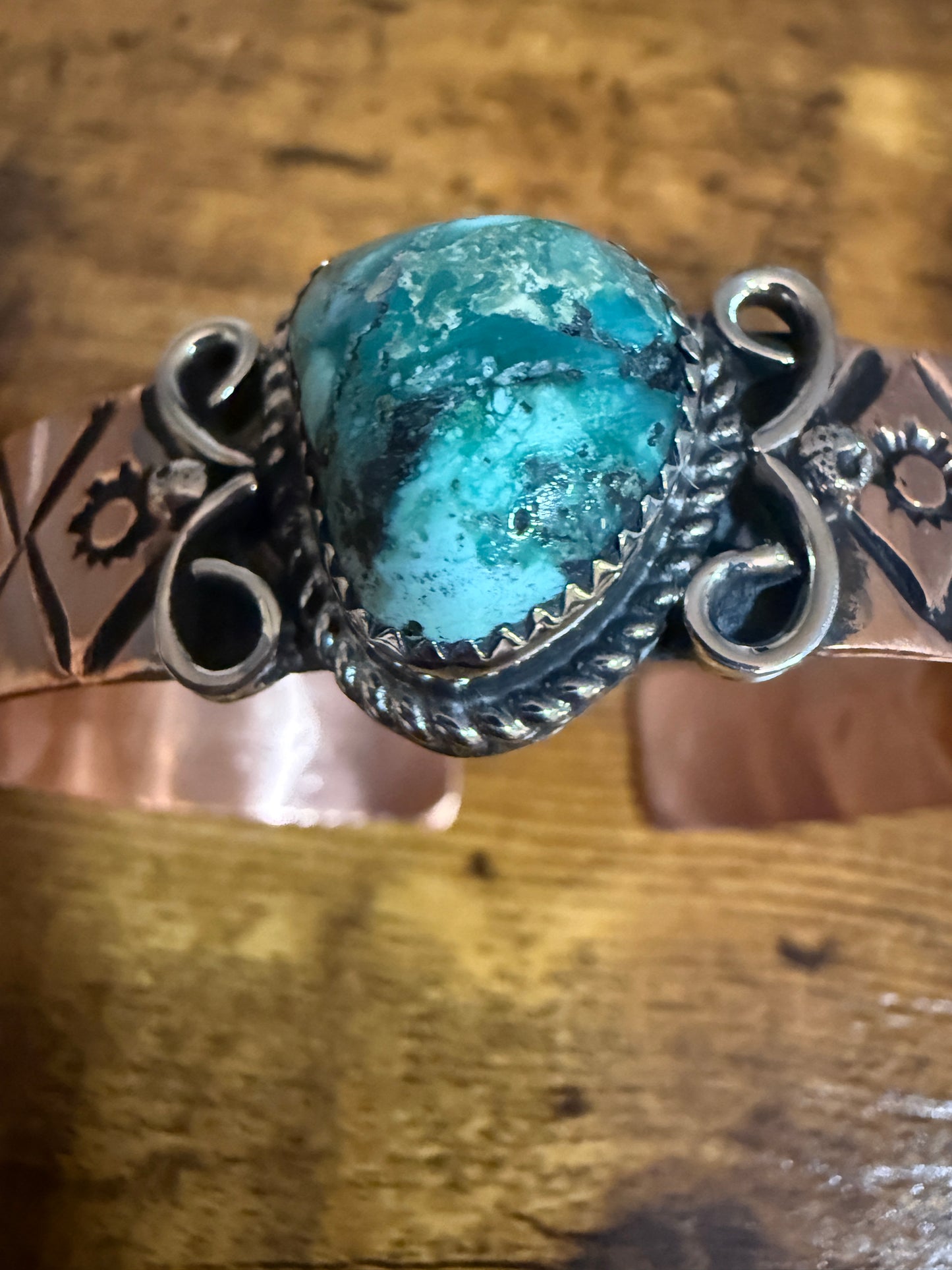 Navajo Copper And Turquoise Cuff Bracelet Signed By Jackie Cleveland