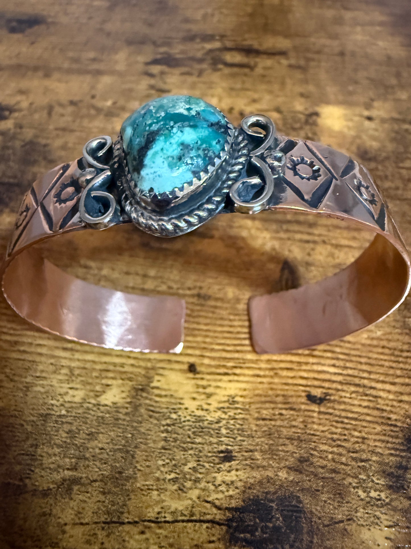 Navajo Copper And Turquoise Cuff Bracelet Signed By Jackie Cleveland