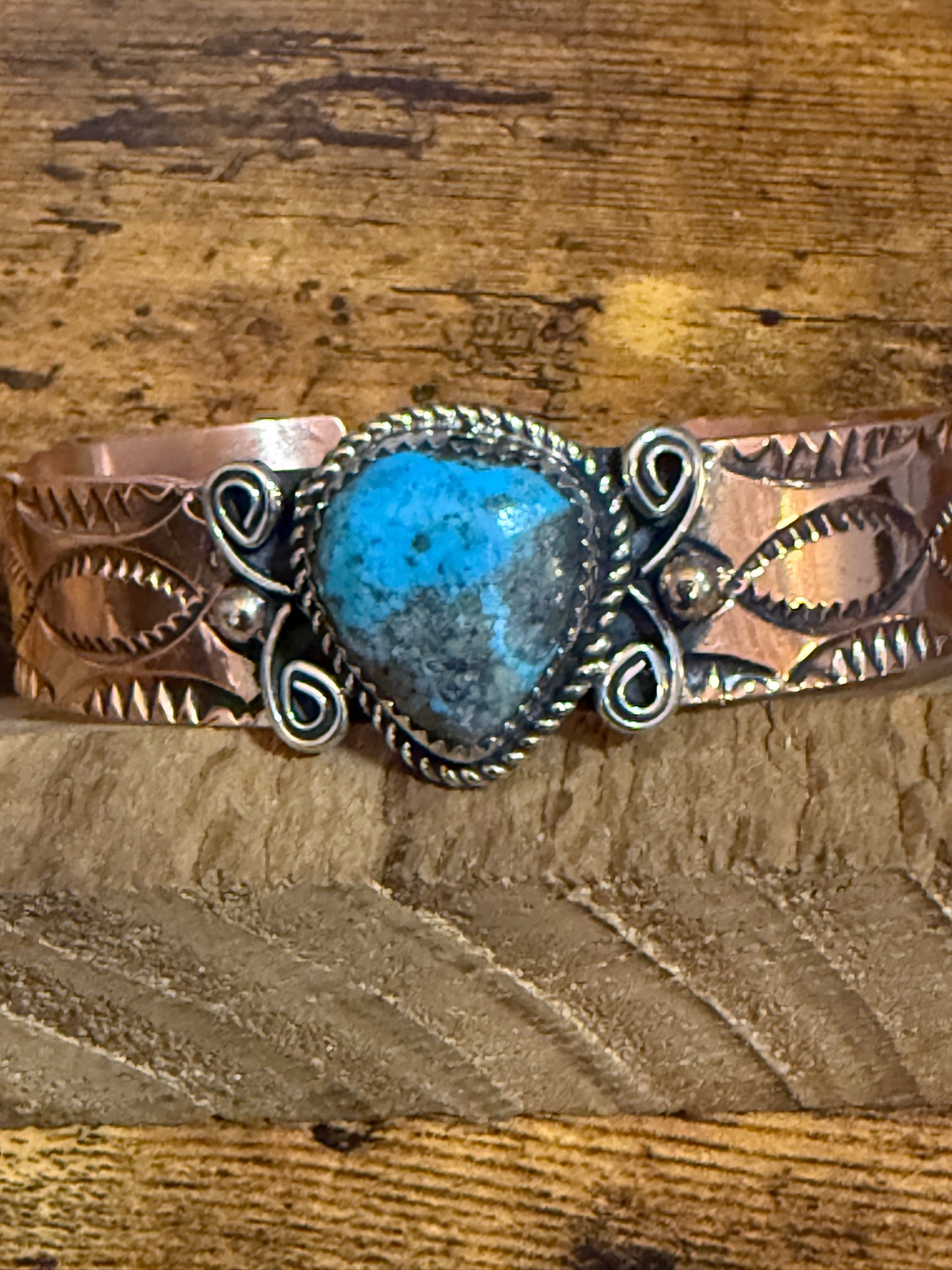 Navajo Copper And Turquoise Cuff Bracelet Signed By Jackie Cleveland