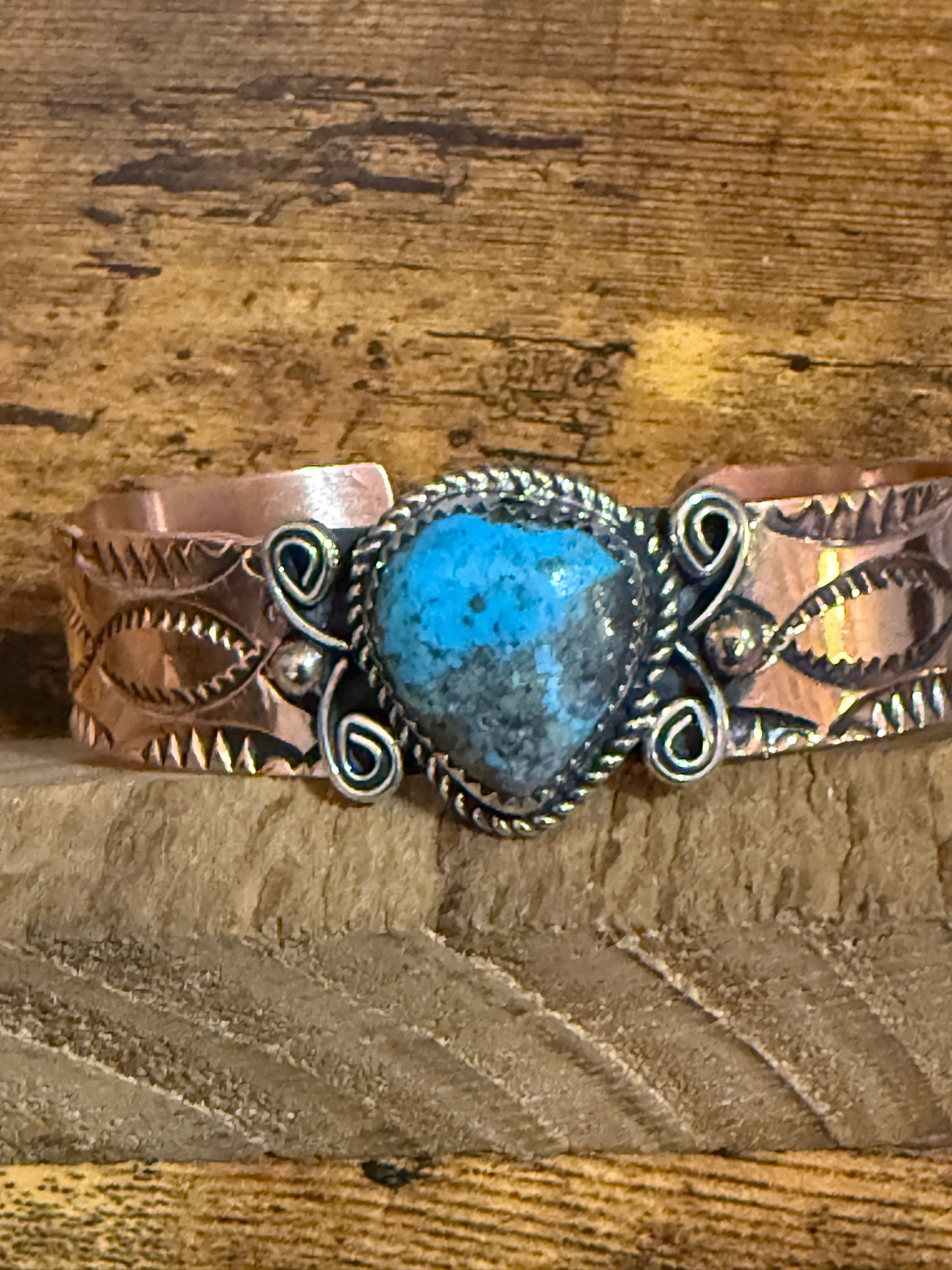 Navajo Copper Turquoise Cuff Bracelet Signed by Jackie Cleveland