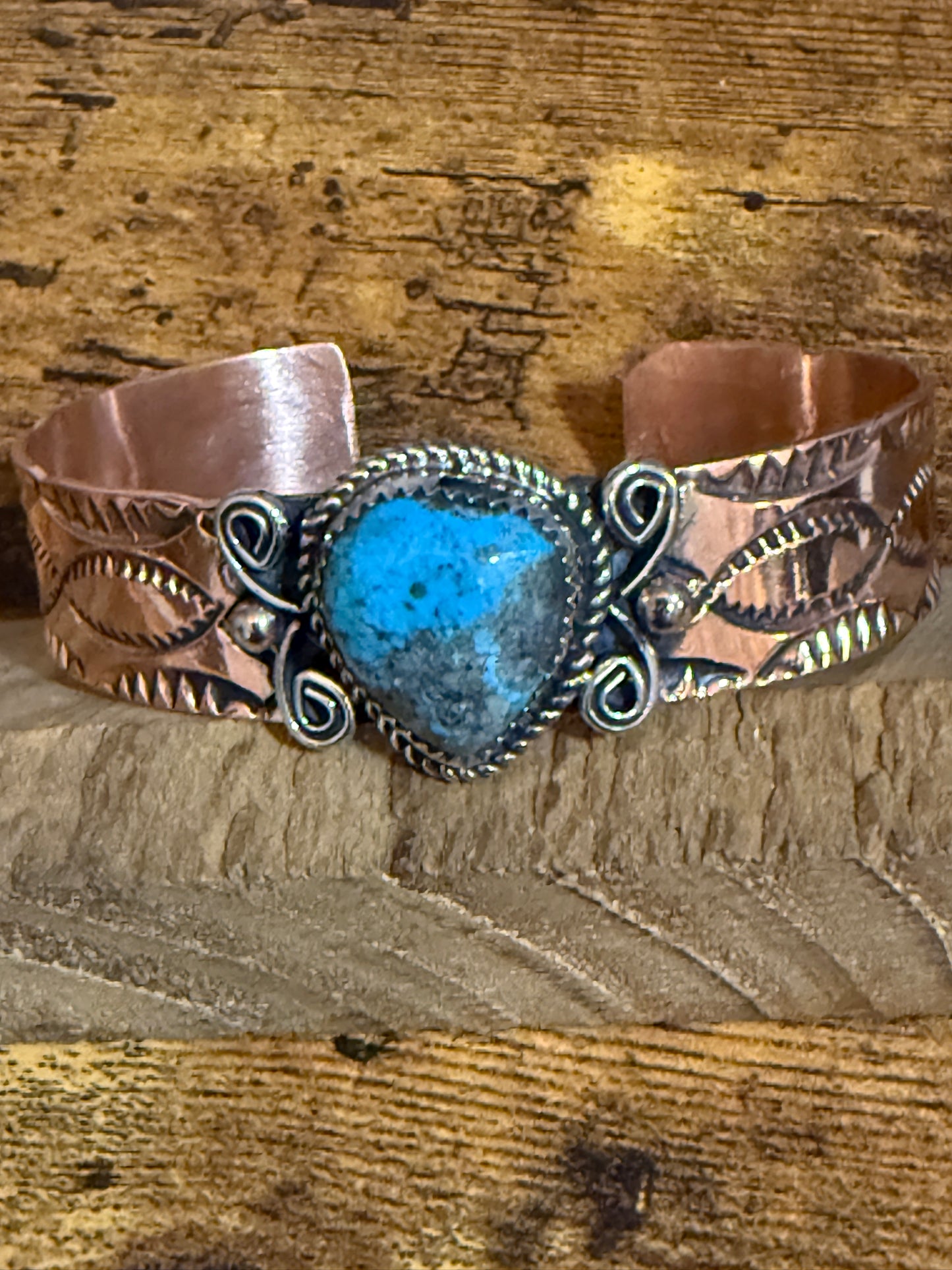 Navajo Copper Turquoise Cuff Bracelet Signed by Jackie Cleveland