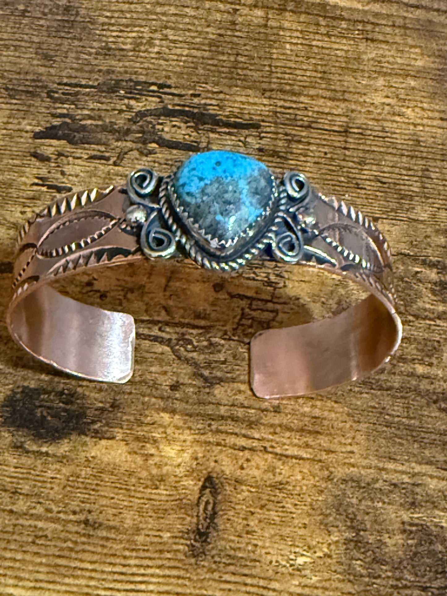 Navajo Copper Turquoise Cuff Bracelet Signed by Jackie Cleveland