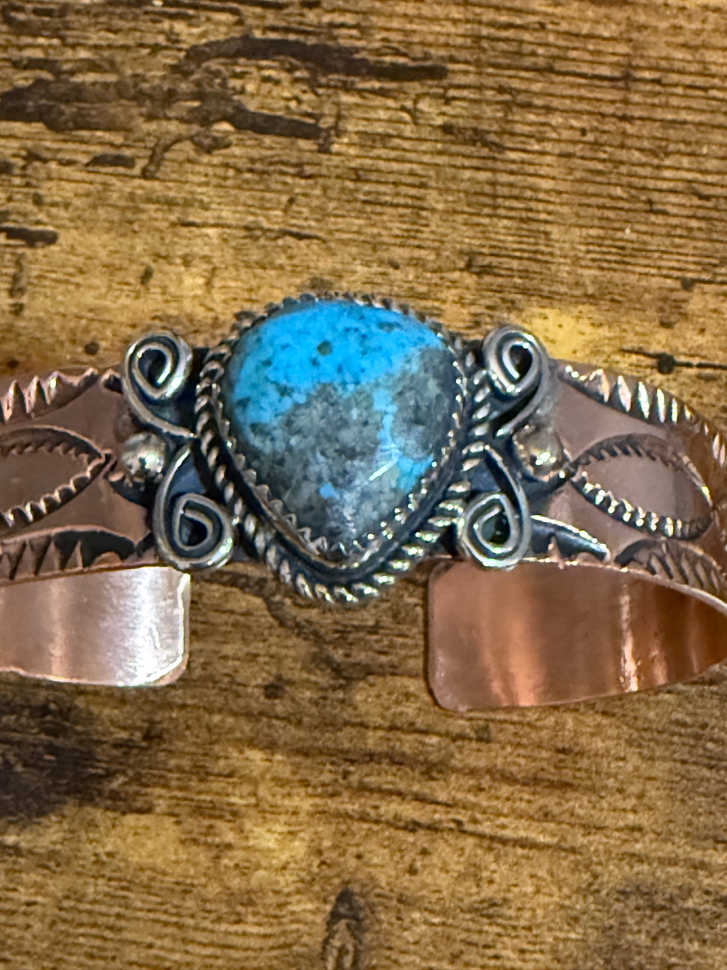 Navajo Copper Turquoise Cuff Bracelet Signed by Jackie Cleveland