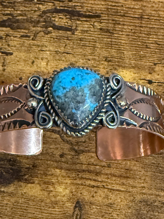 Navajo Copper Turquoise Cuff Bracelet Signed by Jackie Cleveland