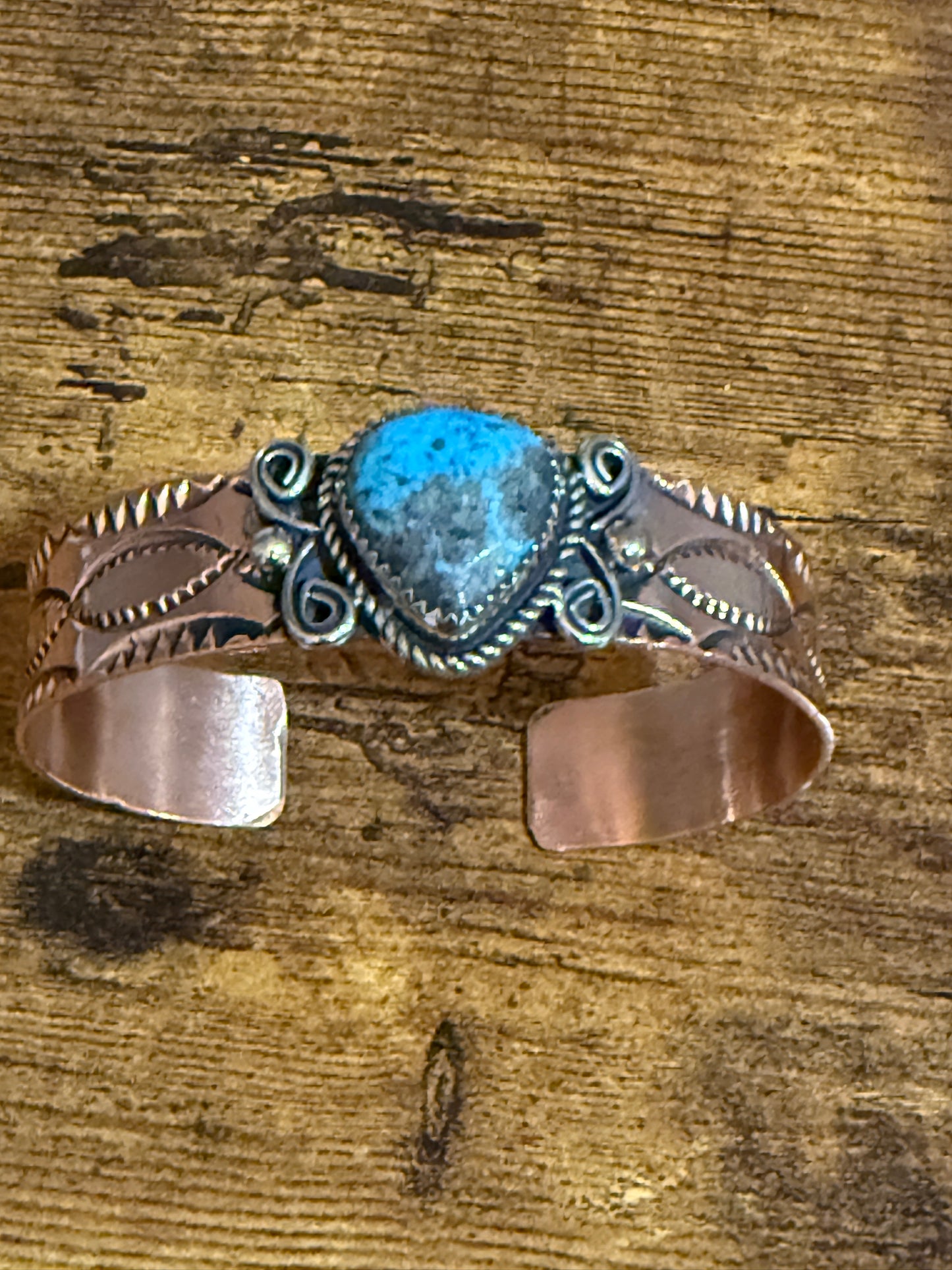 Navajo Copper Turquoise Cuff Bracelet Signed by Jackie Cleveland
