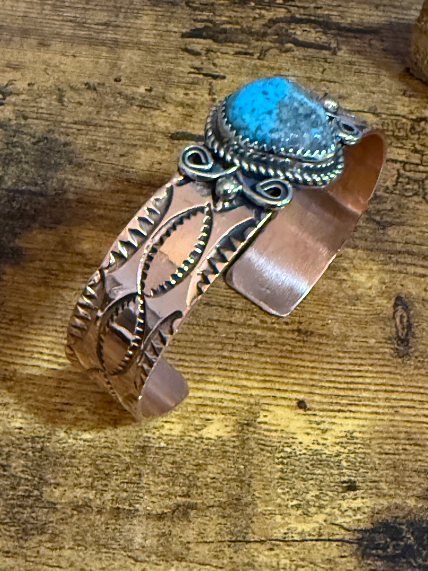 Navajo Copper Turquoise Cuff Bracelet Signed by Jackie Cleveland