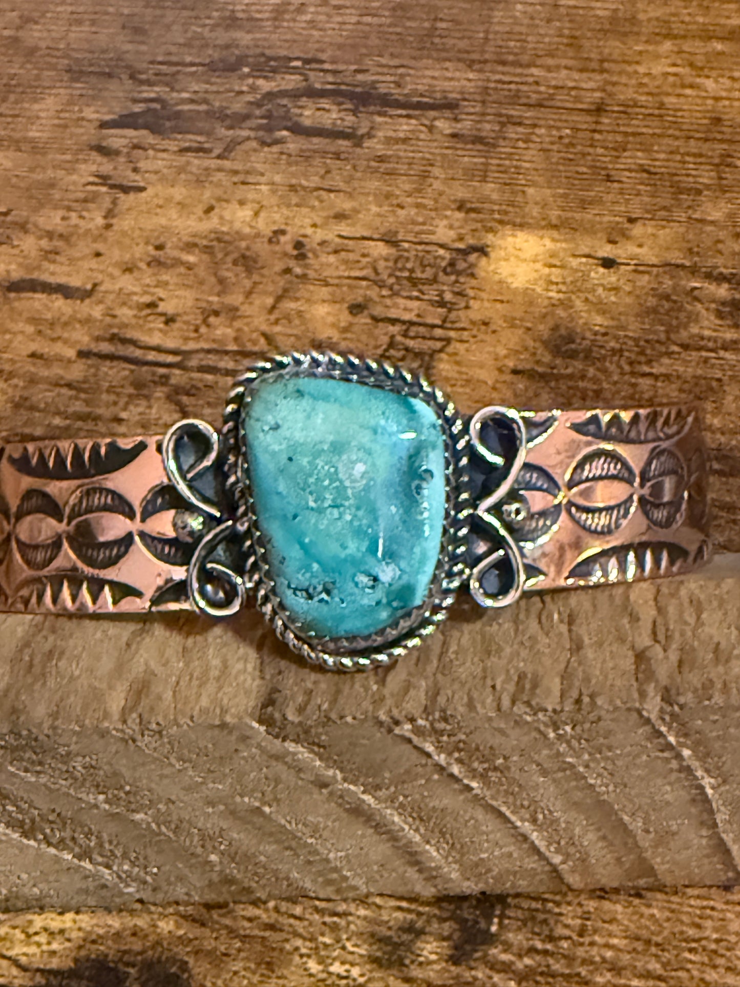 Navajo Copper Turquoise Cuff Bracelet Signed by Jackie Cleveland
