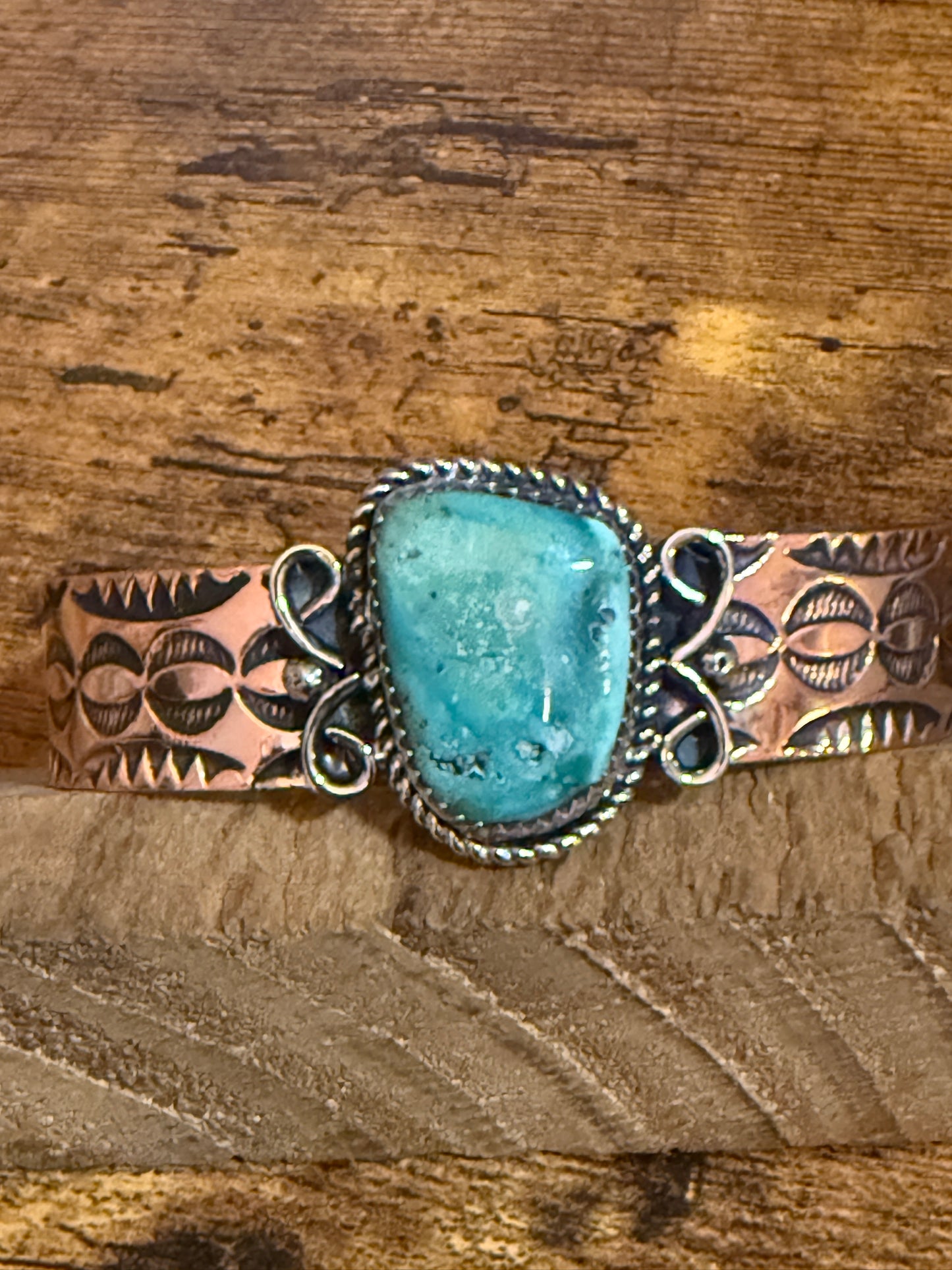 Navajo Copper Turquoise Cuff Bracelet Signed by Jackie Cleveland