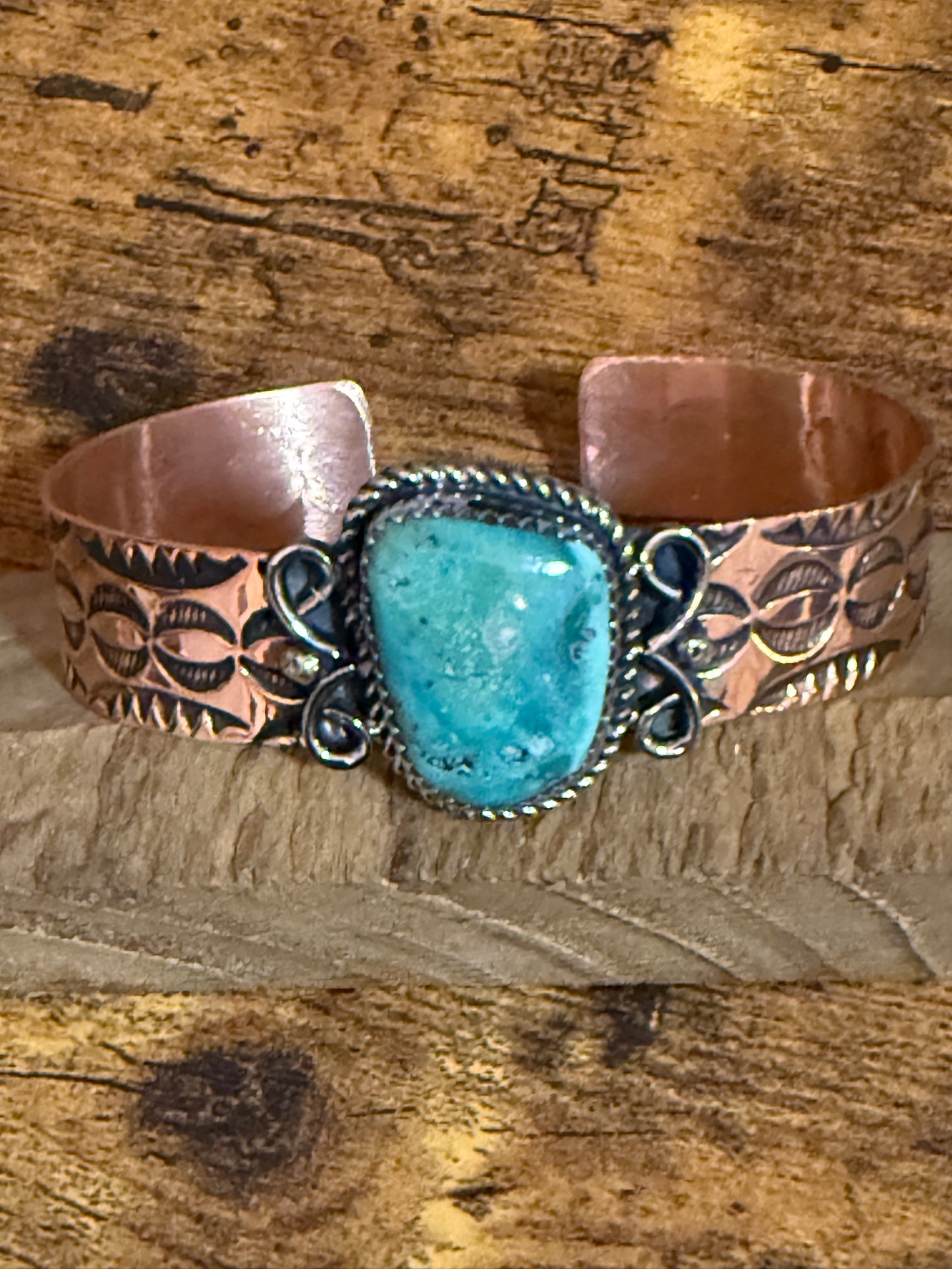 Navajo Copper Turquoise Cuff Bracelet Signed by Jackie Cleveland