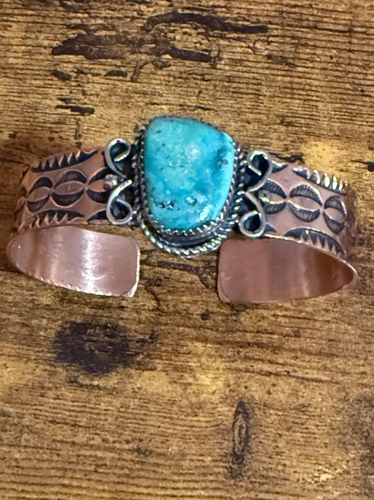 Navajo Copper Turquoise Cuff Bracelet Signed by Jackie Cleveland