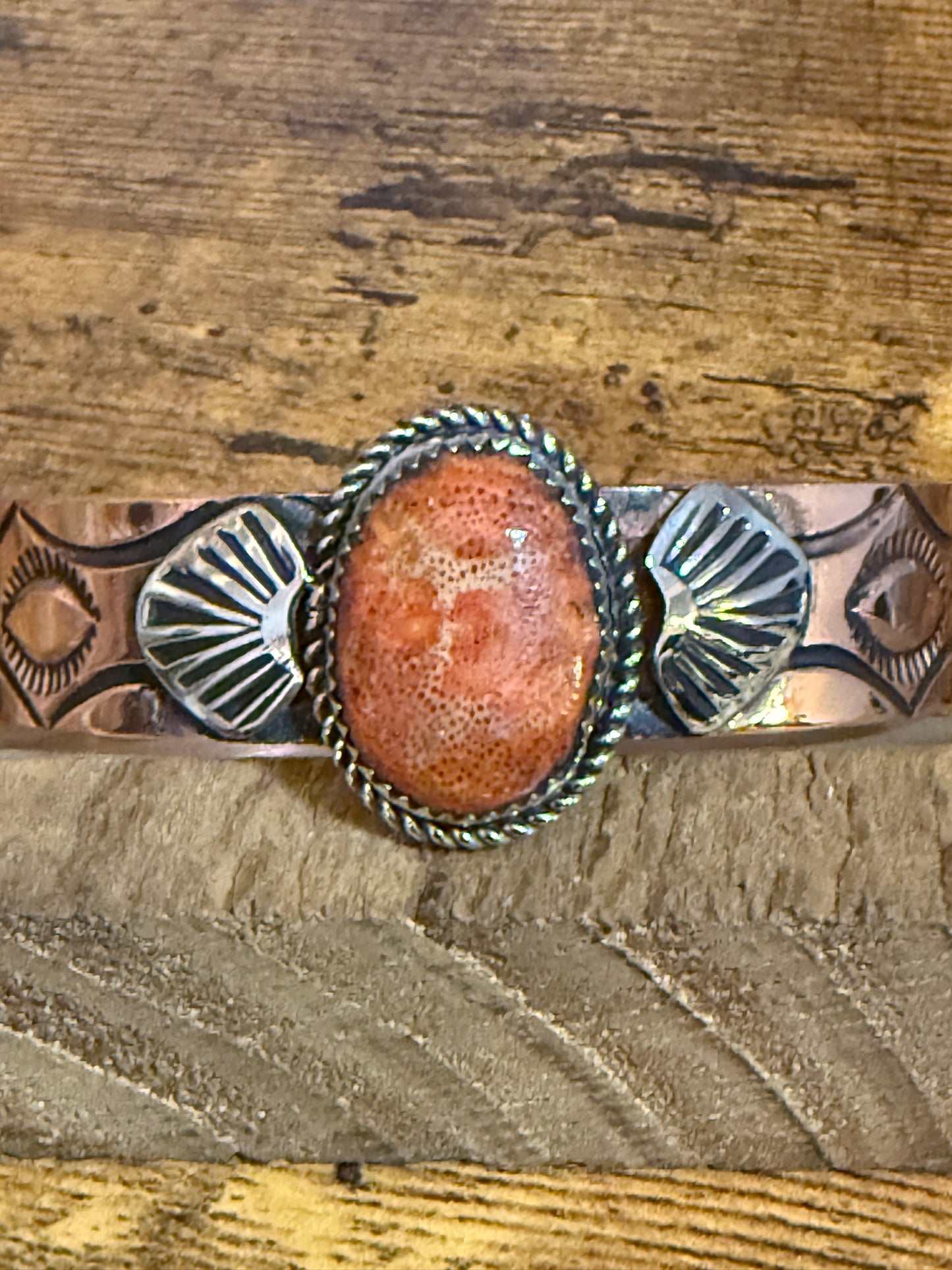 Navajo Copper And Apple Coral Cuff Bracelet Signed By Jackie Cleveland