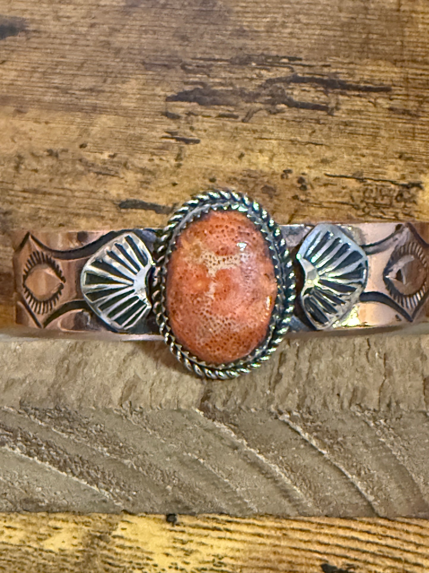 Navajo Copper And Apple Coral Cuff Bracelet Signed By Jackie Cleveland