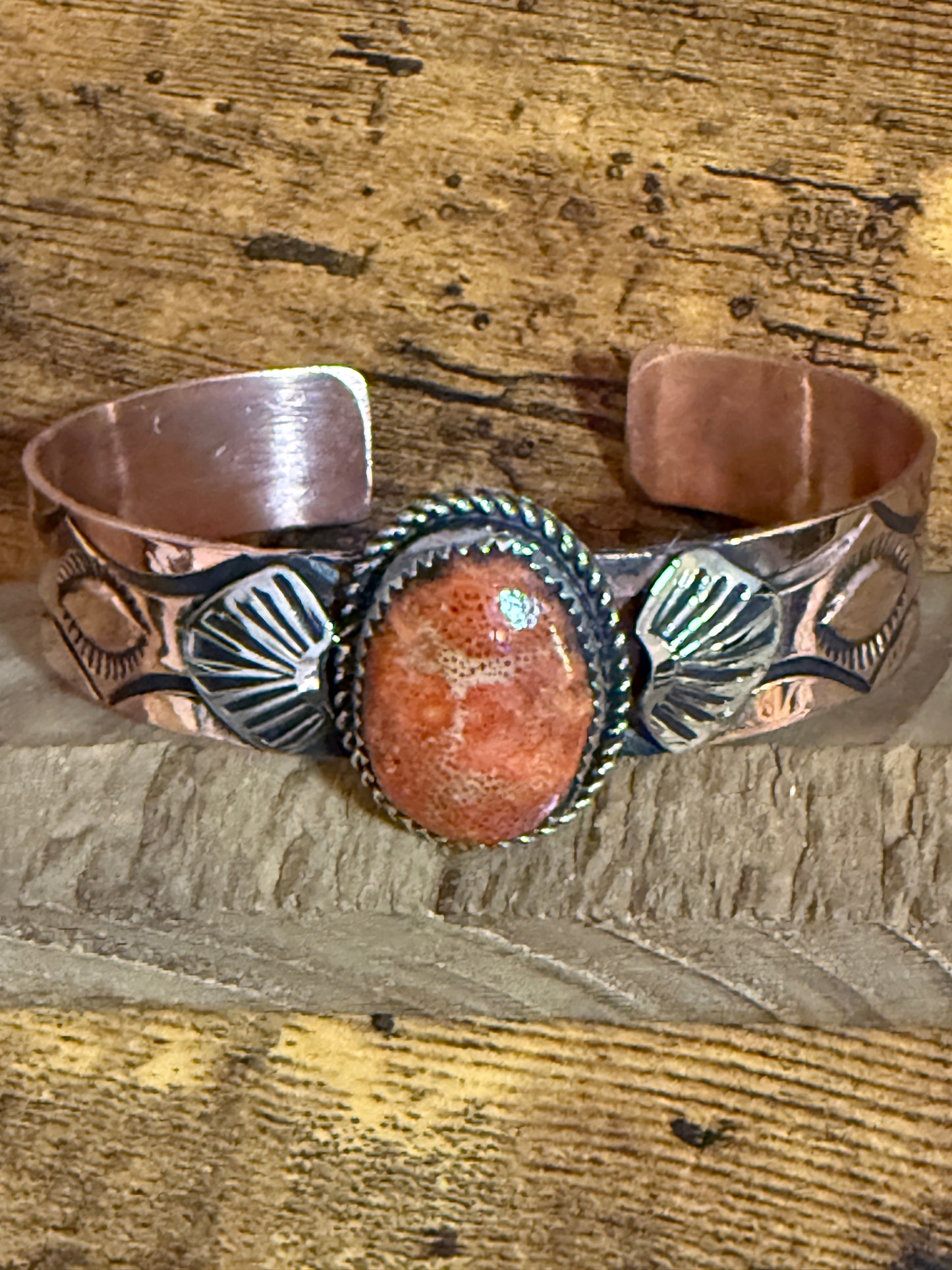 Navajo Copper And Apple Coral Cuff Bracelet Signed By Jackie Cleveland