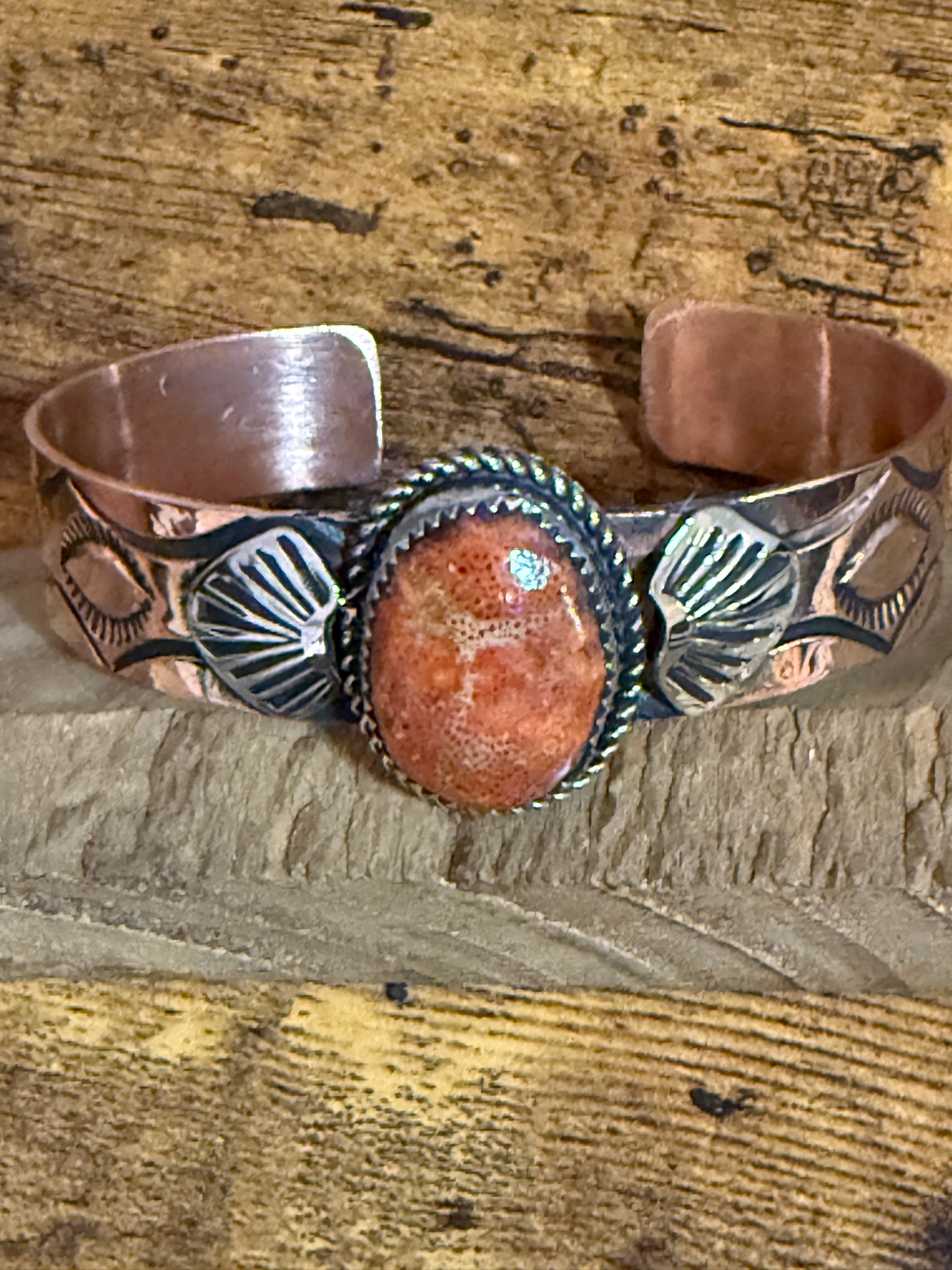 Navajo Copper And Apple Coral Cuff Bracelet Signed By Jackie Cleveland