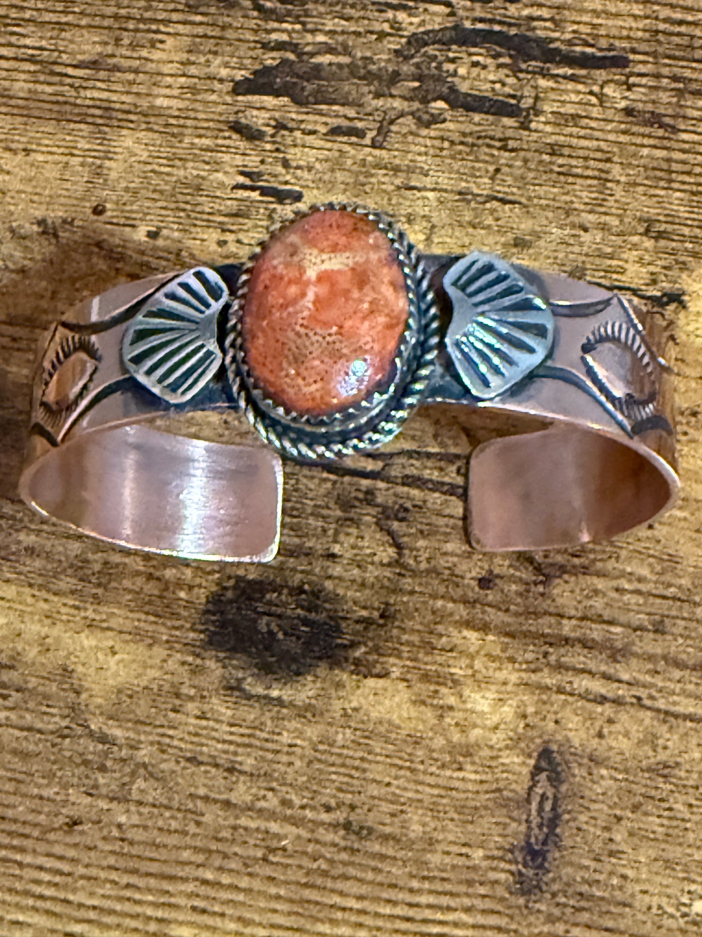 Navajo Copper And Apple Coral Cuff Bracelet Signed By Jackie Cleveland