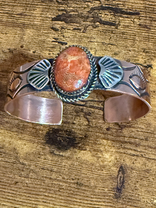 Navajo Copper And Apple Coral Cuff Bracelet Signed By Jackie Cleveland