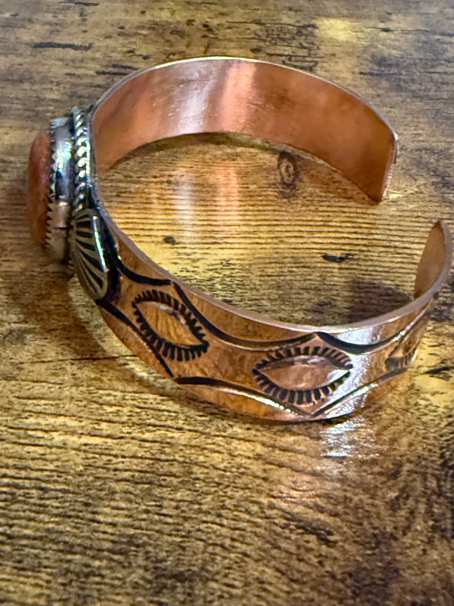 Navajo Copper And Apple Coral Cuff Bracelet Signed By Jackie Cleveland