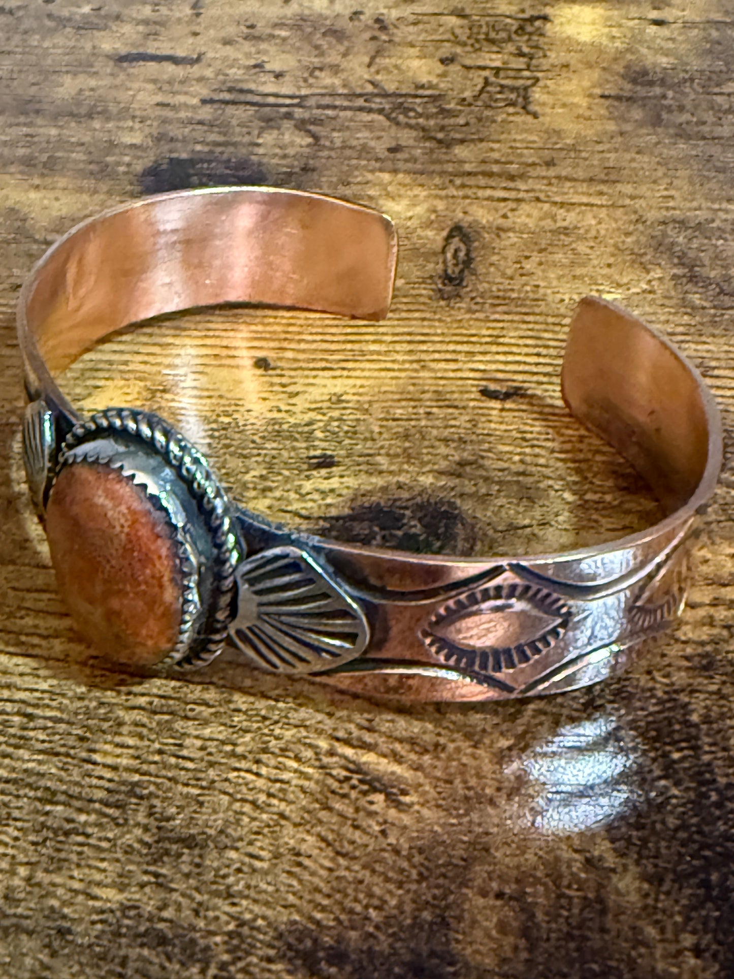 Navajo Copper And Apple Coral Cuff Bracelet Signed By Jackie Cleveland