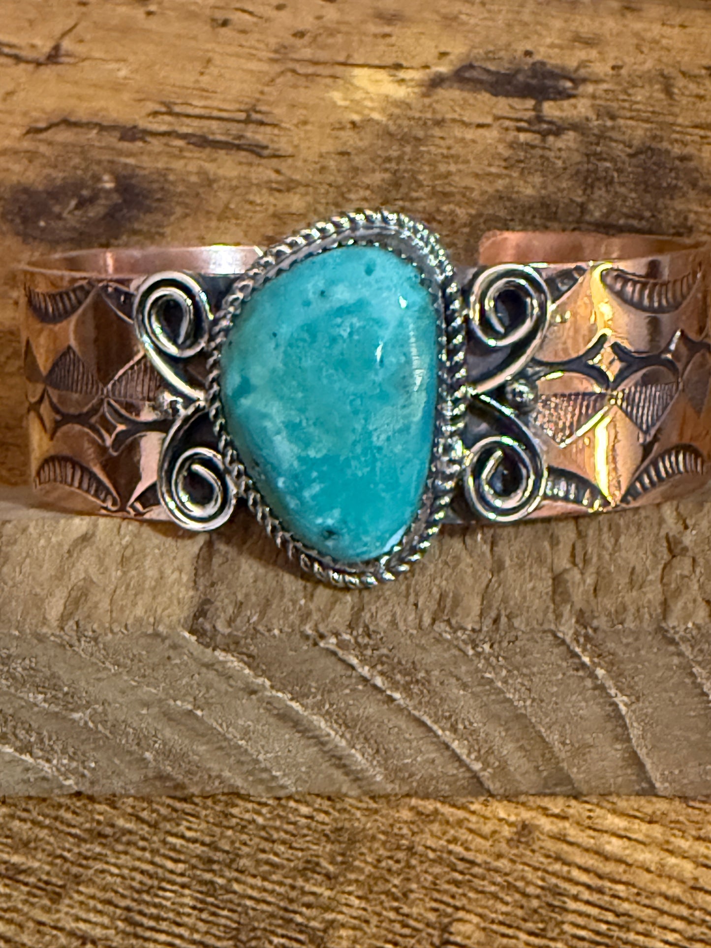 Navajo Copper Turquoise Wide Cuff Bracelet Signed by Jackie Cleveland