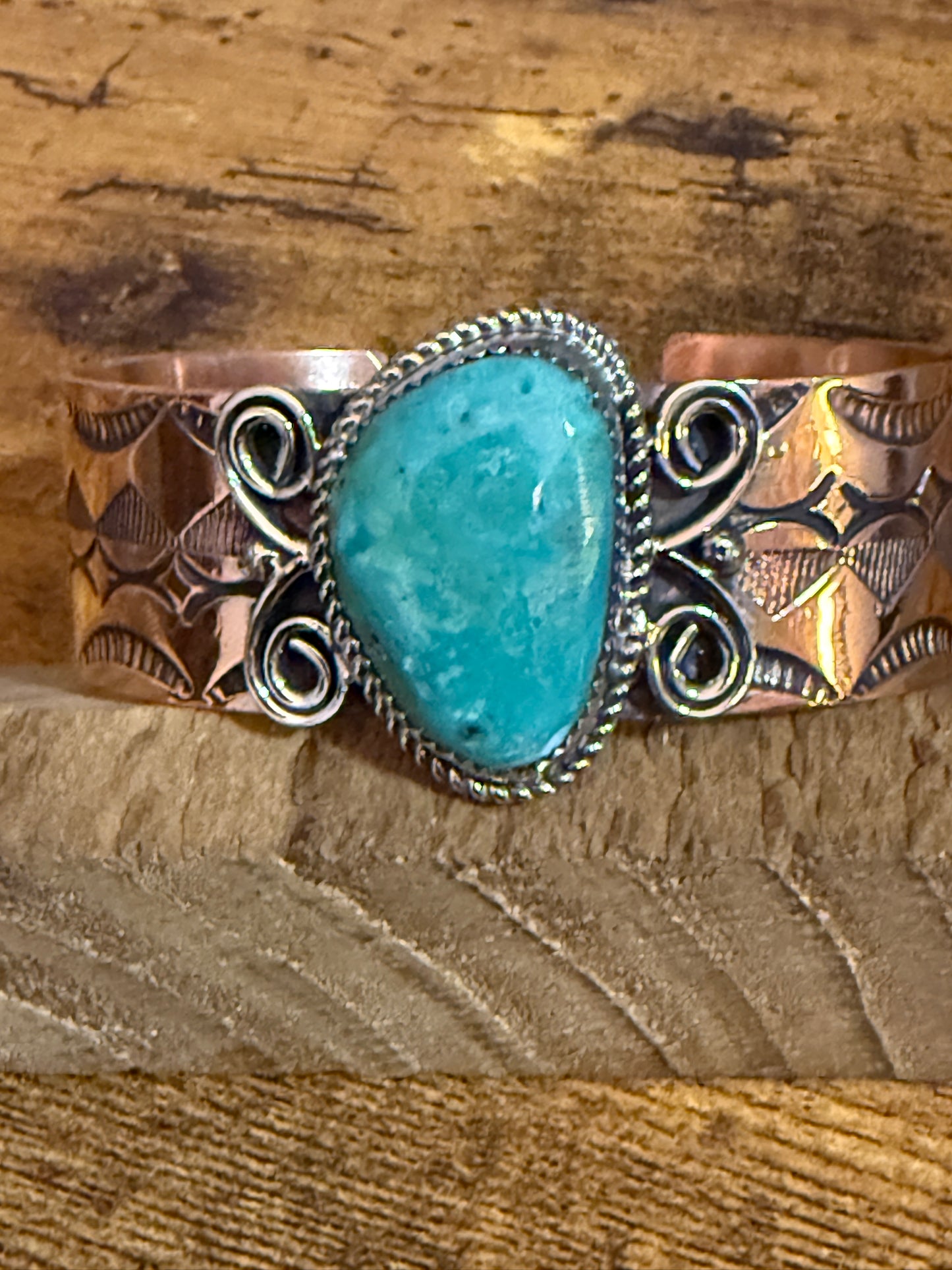 Navajo Copper Turquoise Wide Cuff Bracelet Signed by Jackie Cleveland