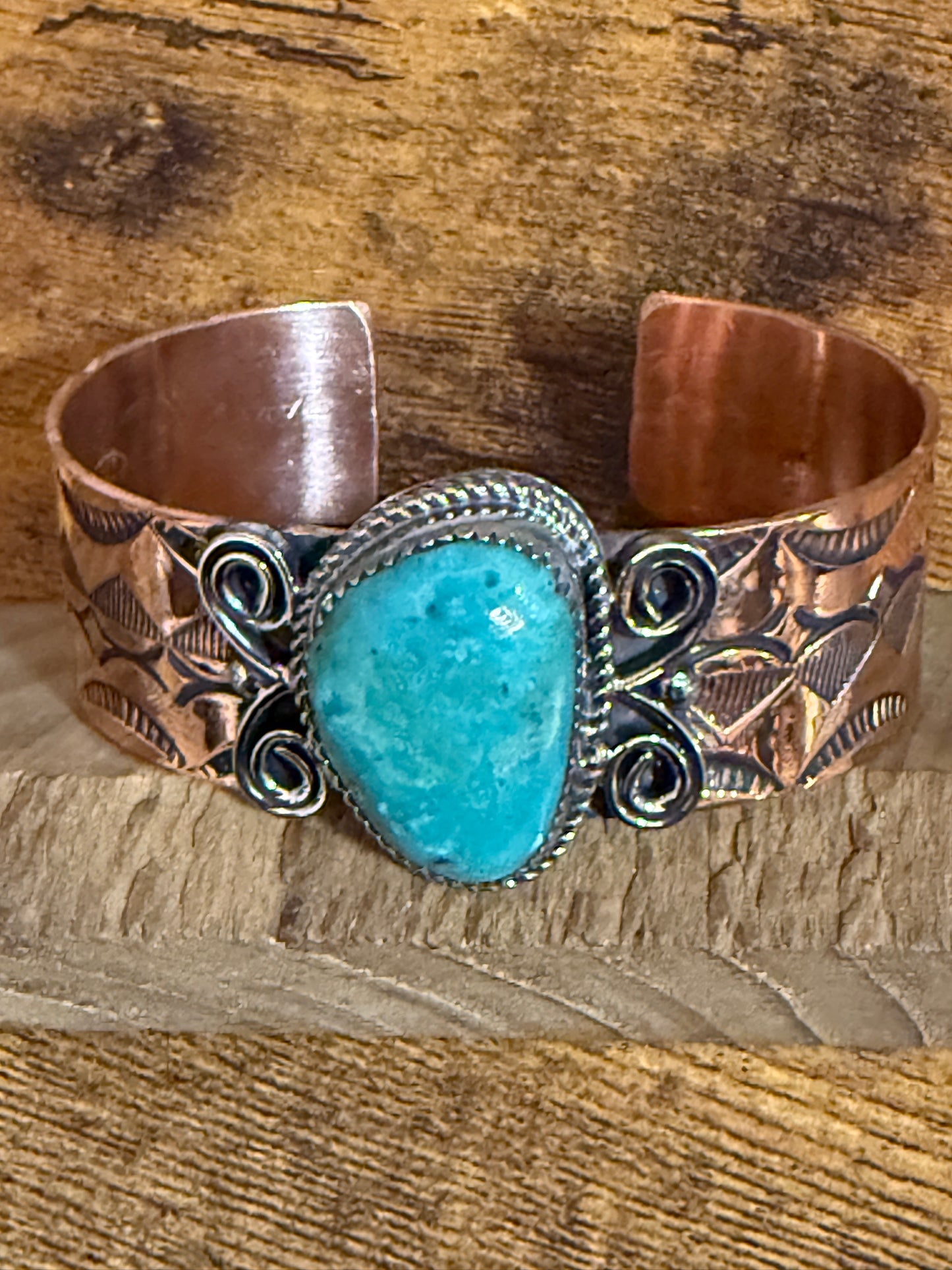 Navajo Copper Turquoise Wide Cuff Bracelet Signed by Jackie Cleveland