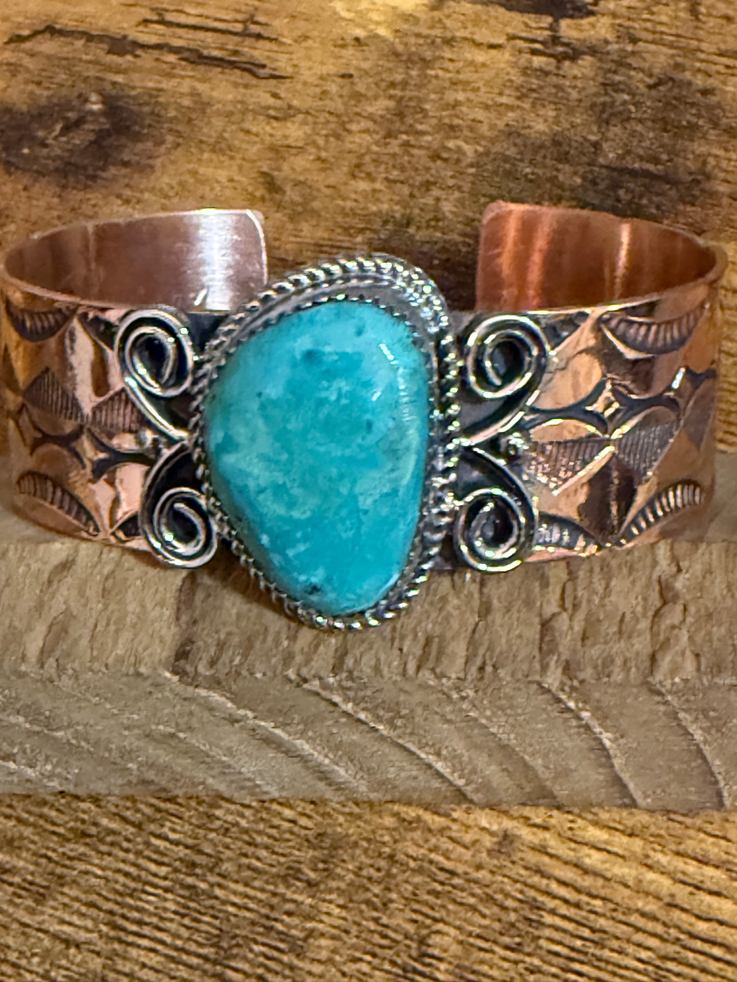 Navajo Copper Turquoise Wide Cuff Bracelet Signed by Jackie Cleveland