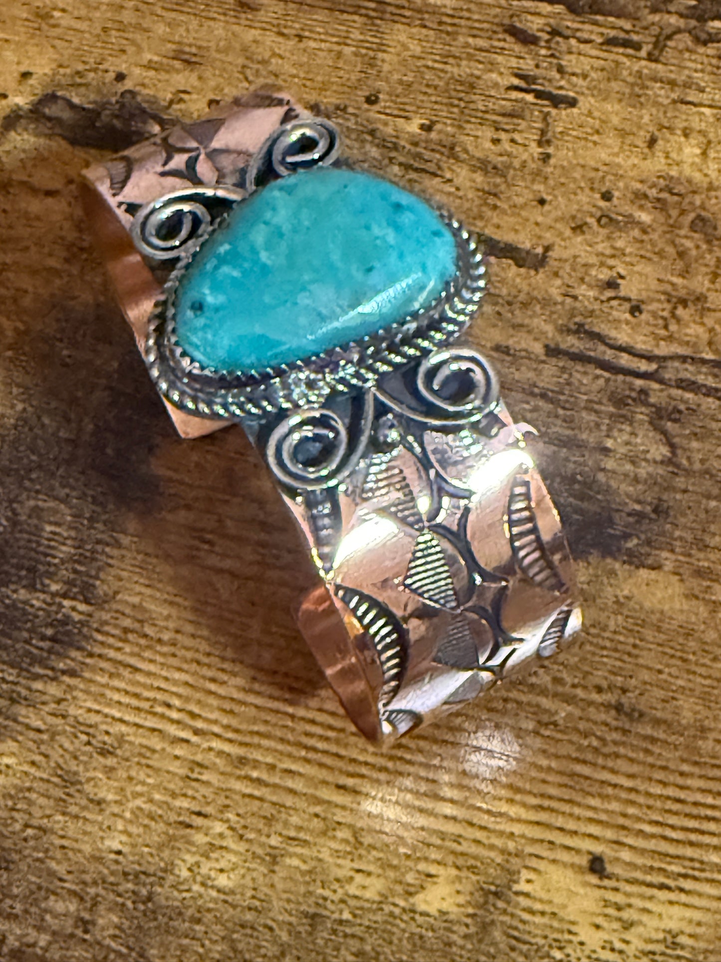 Navajo Copper Turquoise Wide Cuff Bracelet Signed by Jackie Cleveland