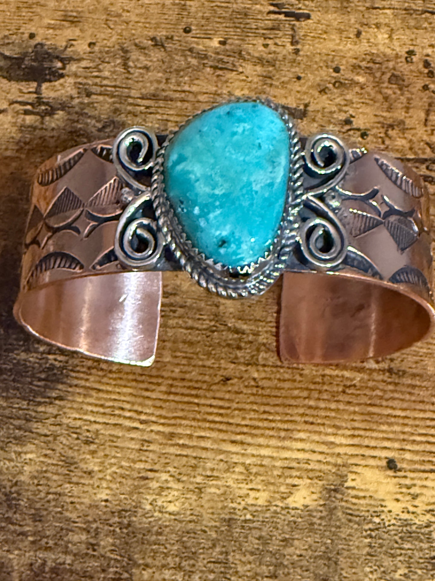 Navajo Copper Turquoise Wide Cuff Bracelet Signed by Jackie Cleveland