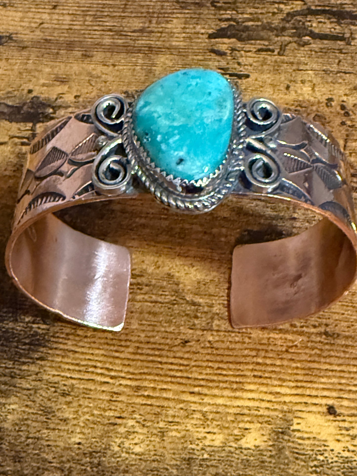 Navajo Copper Turquoise Wide Cuff Bracelet Signed by Jackie Cleveland