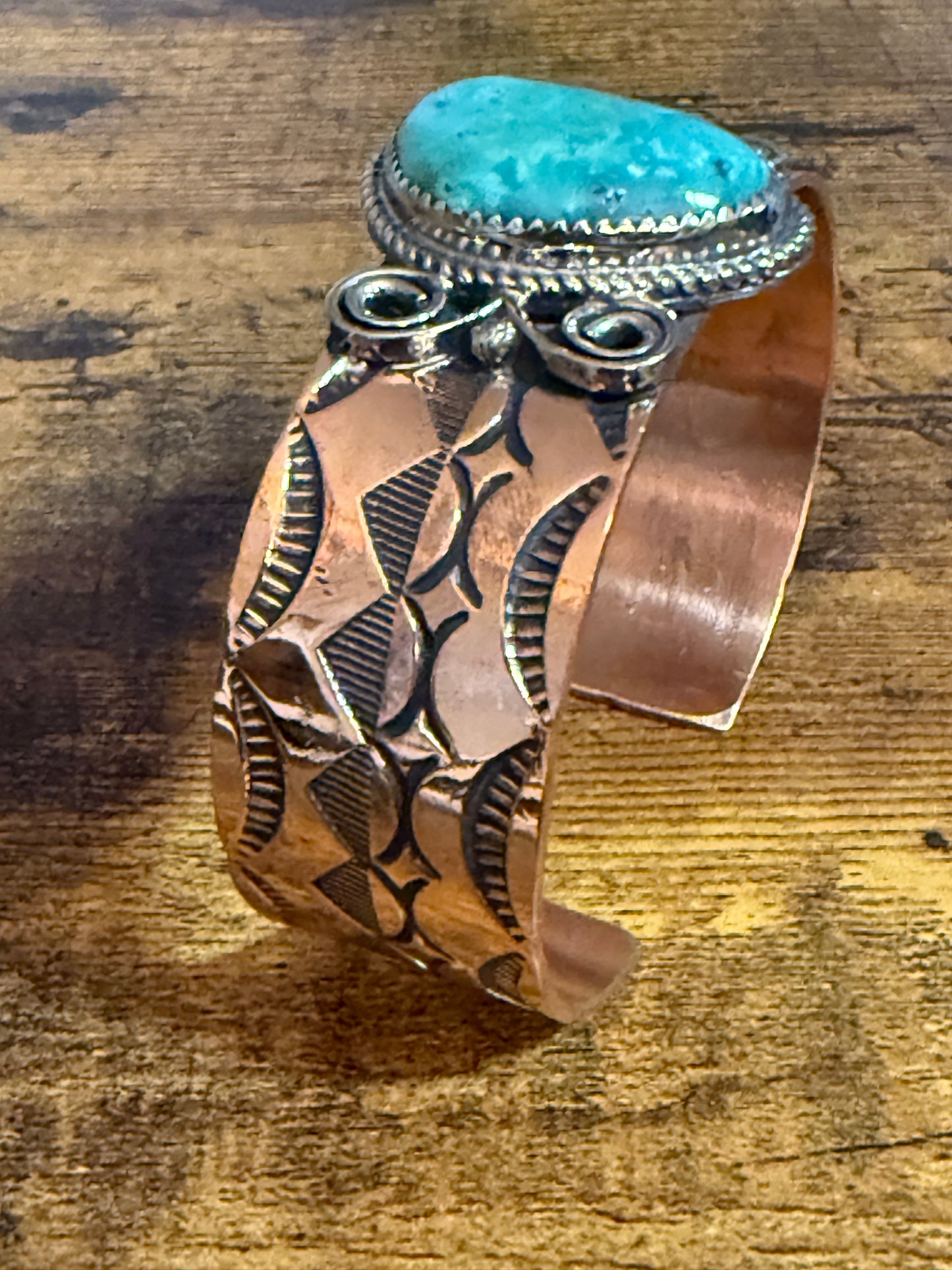 Navajo Copper Turquoise Wide Cuff Bracelet Signed by Jackie Cleveland