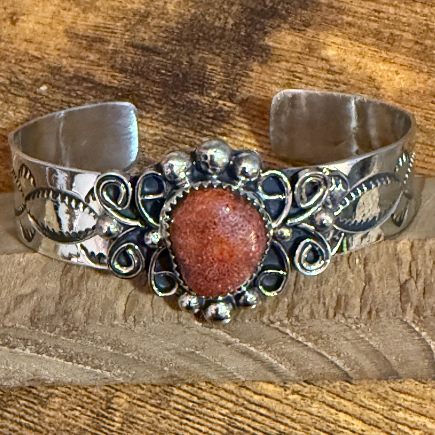 Navajo Indian Nickel Silver Apple Coral Cuff Bracelet Signed By Jackie Cleveland