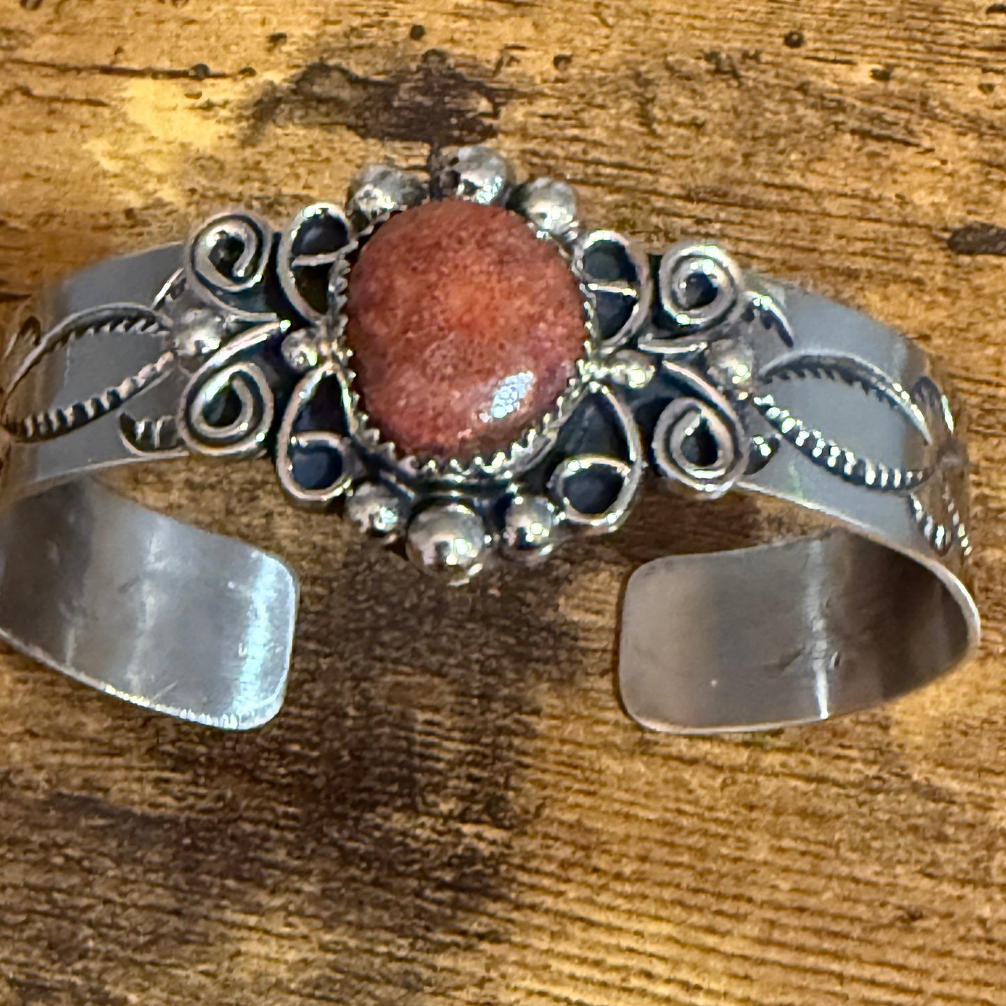Navajo Indian Nickel Silver Apple Coral Cuff Bracelet Signed By Jackie Cleveland