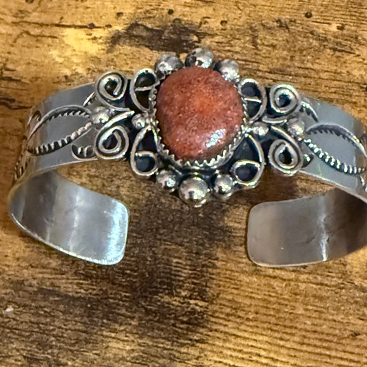 Navajo Indian Nickel Silver Apple Coral Cuff Bracelet Signed By Jackie Cleveland