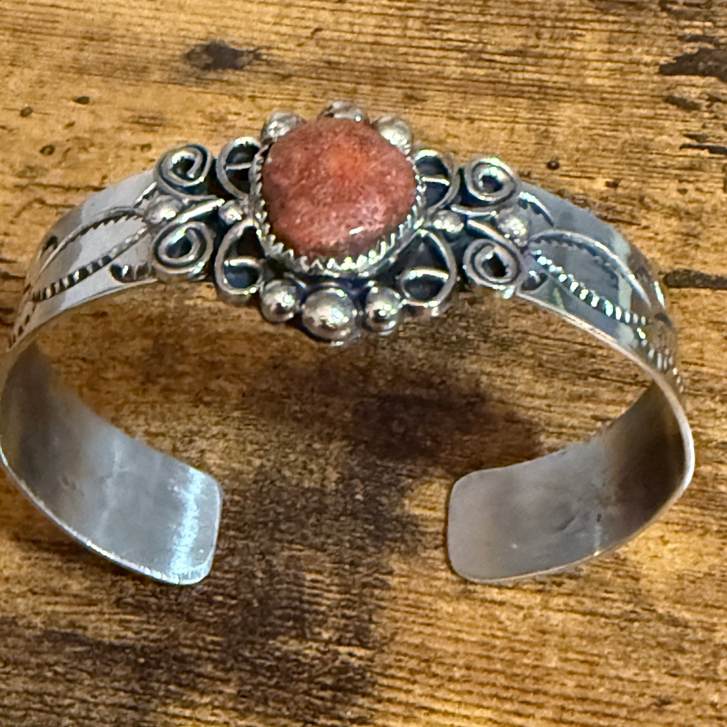 Navajo Indian Nickel Silver Apple Coral Cuff Bracelet Signed By Jackie Cleveland