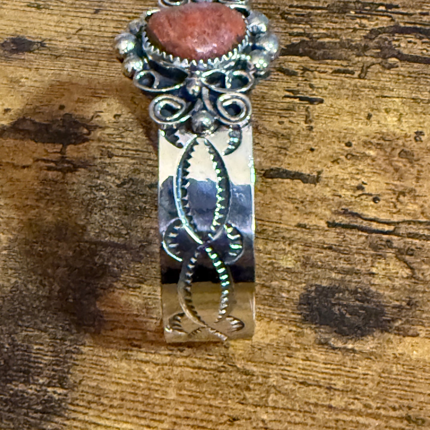 Navajo Indian Nickel Silver Apple Coral Cuff Bracelet Signed By Jackie Cleveland