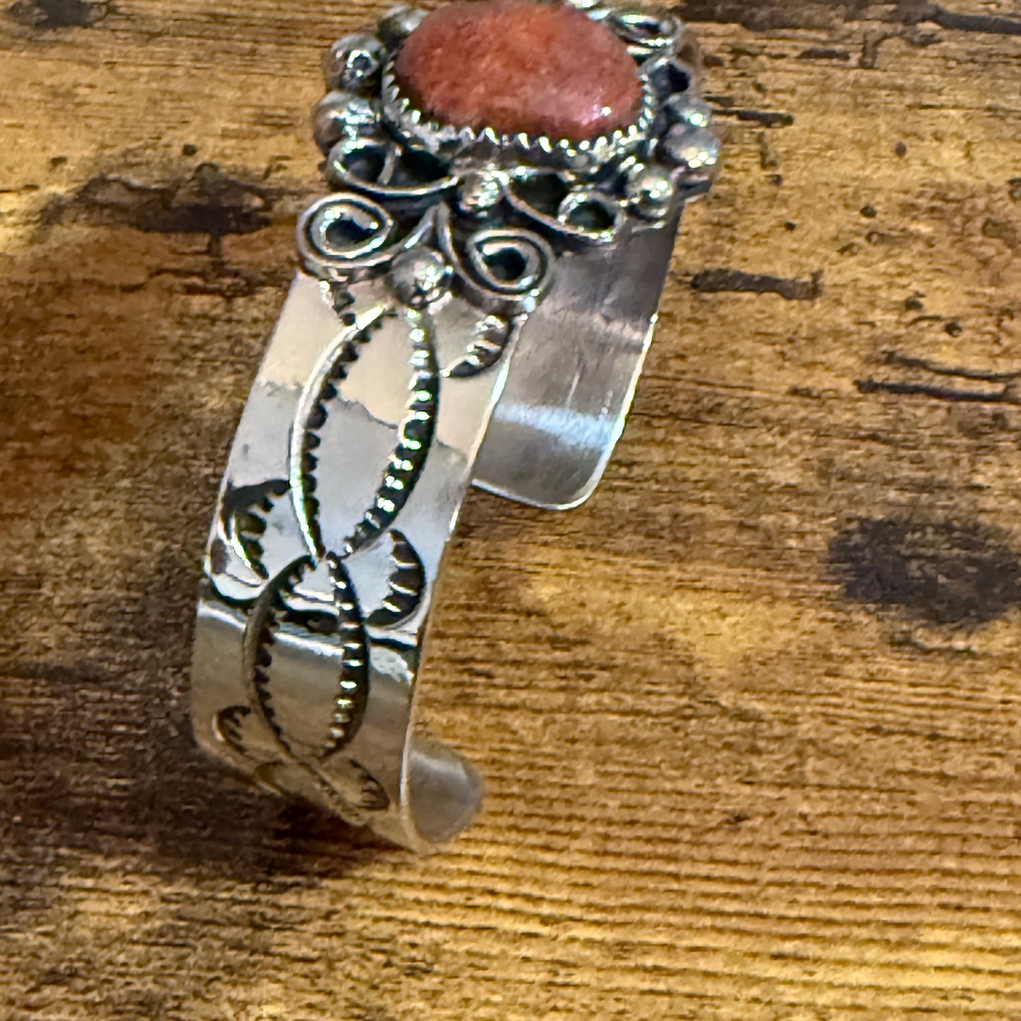 Navajo Indian Nickel Silver Apple Coral Cuff Bracelet Signed By Jackie Cleveland