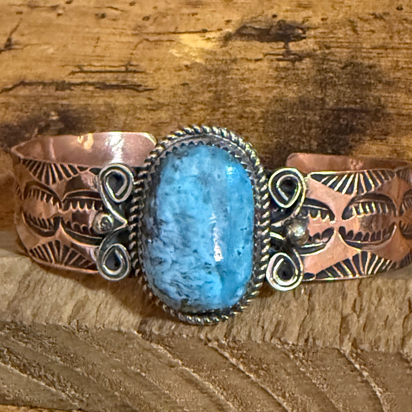 Navajo Copper And Turquoise Cuff Bracelet Signed By Jackie Cleveland