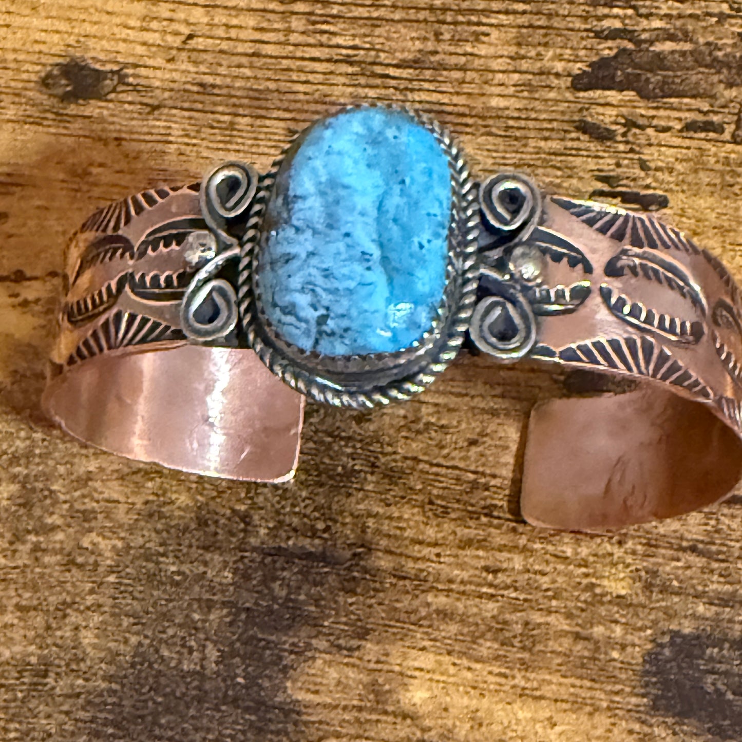 Navajo Copper And Turquoise Cuff Bracelet Signed By Jackie Cleveland