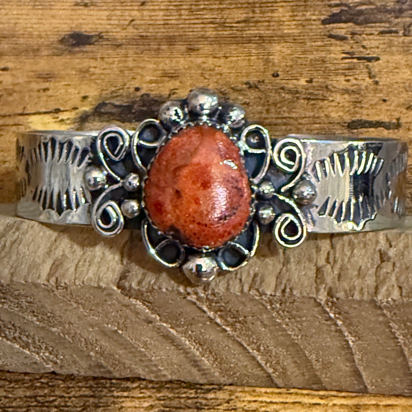 Navajo Nickel Silver Apple Coral Cuff Bracelet Signed By Jackie Cleveland