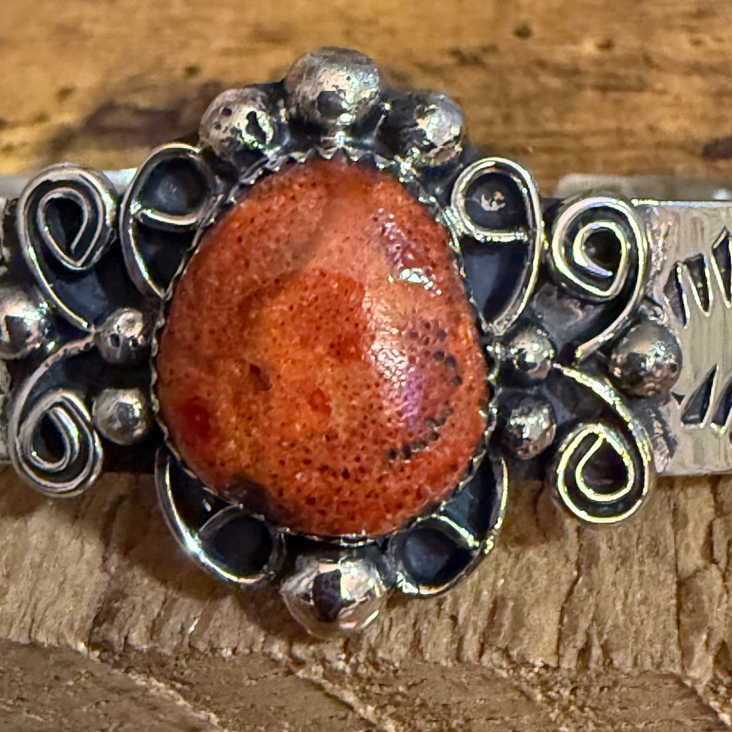 Navajo Nickel Silver Apple Coral Cuff Bracelet Signed By Jackie Cleveland