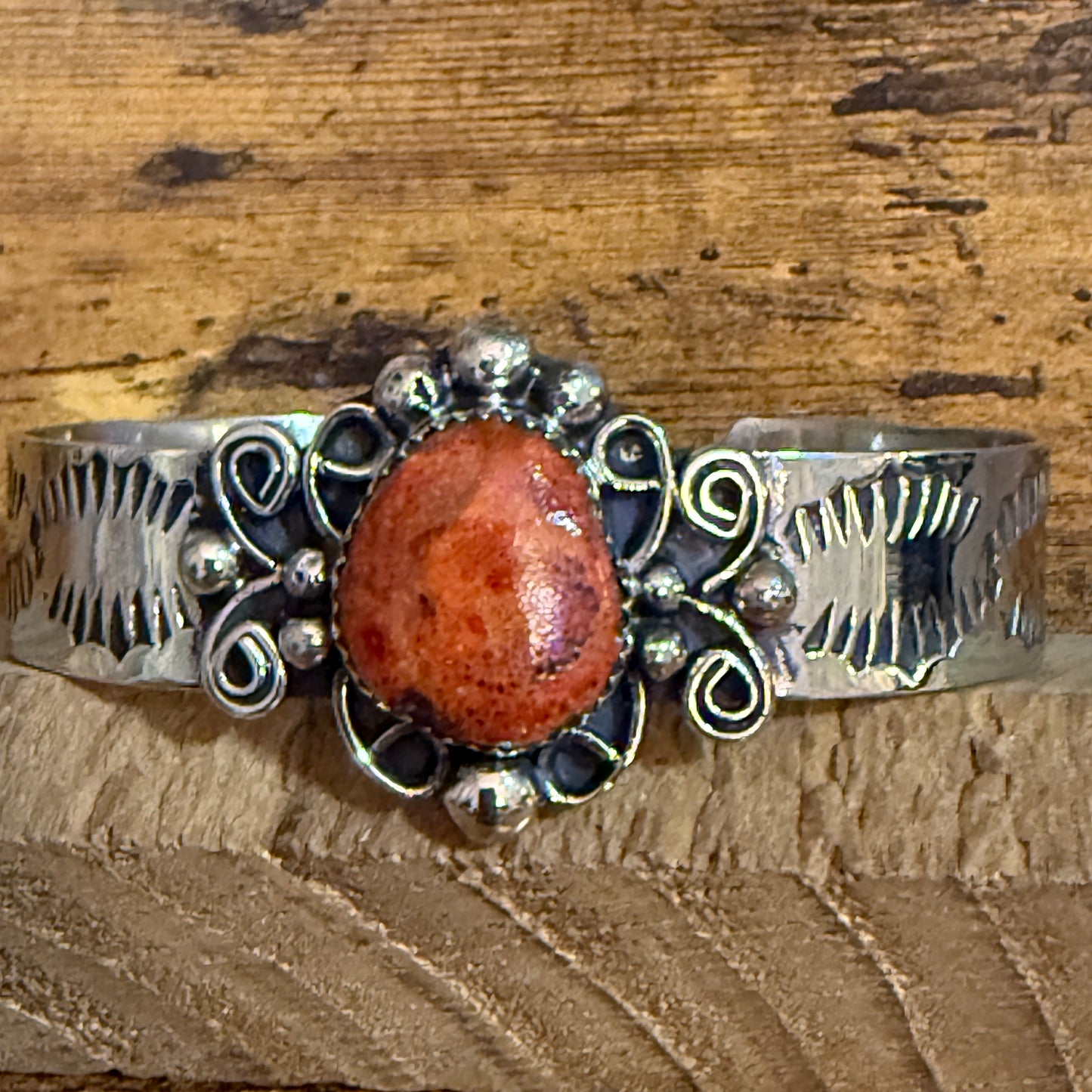 Navajo Nickel Silver Apple Coral Cuff Bracelet Signed By Jackie Cleveland
