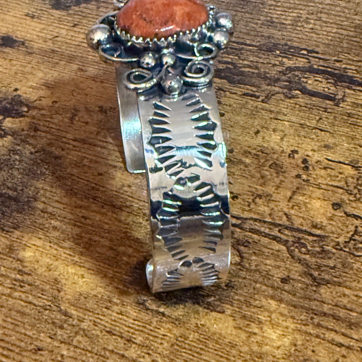 Navajo Nickel Silver Apple Coral Cuff Bracelet Signed By Jackie Cleveland