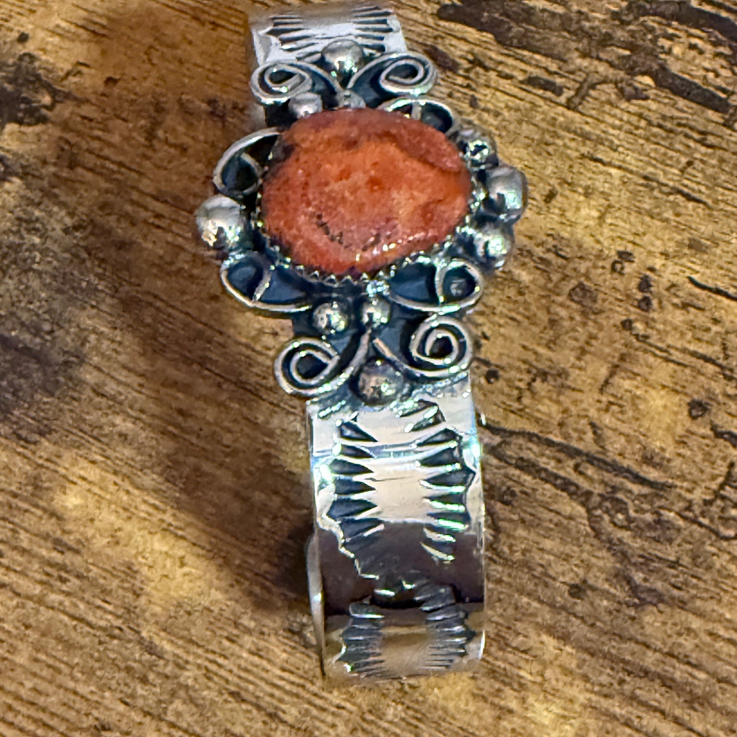 Navajo Nickel Silver Apple Coral Cuff Bracelet Signed By Jackie Cleveland