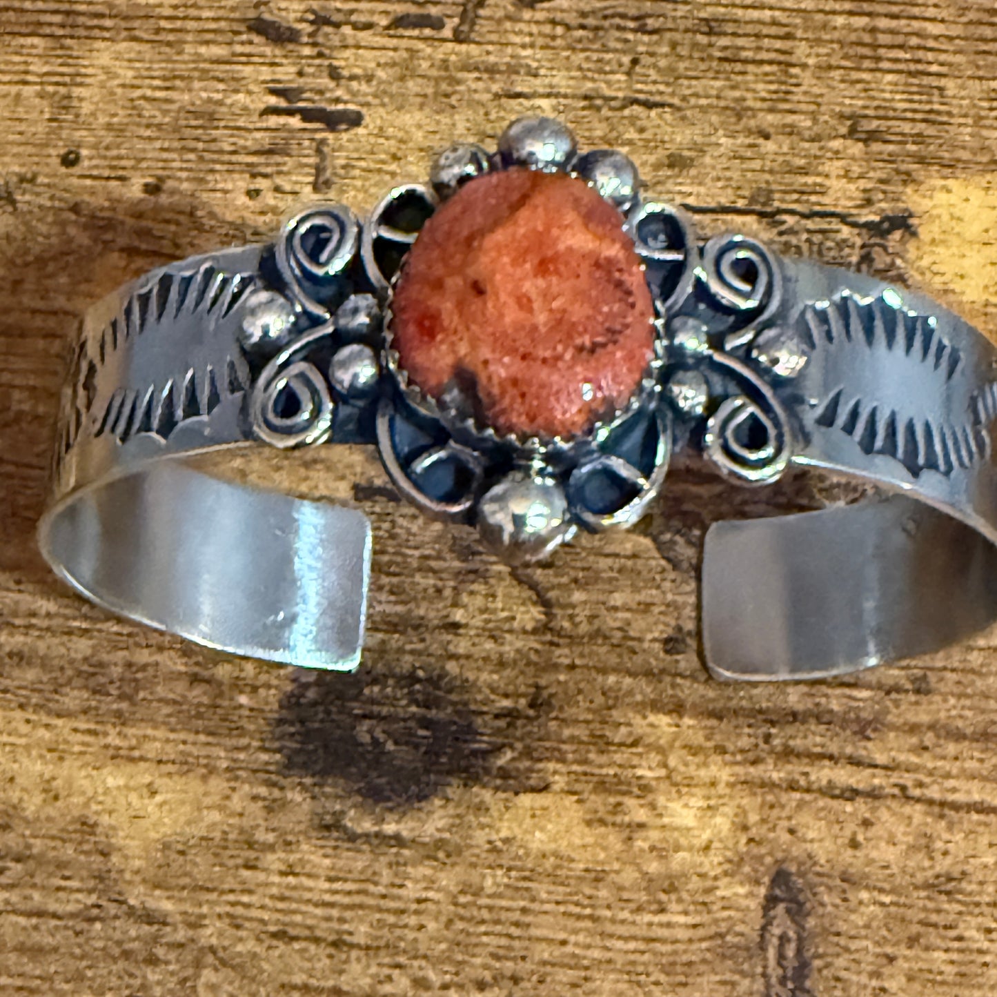 Navajo Nickel Silver Apple Coral Cuff Bracelet Signed By Jackie Cleveland