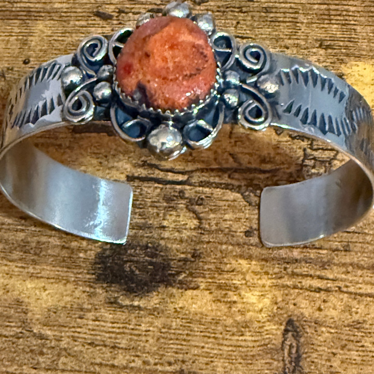 Navajo Nickel Silver Apple Coral Cuff Bracelet Signed By Jackie Cleveland